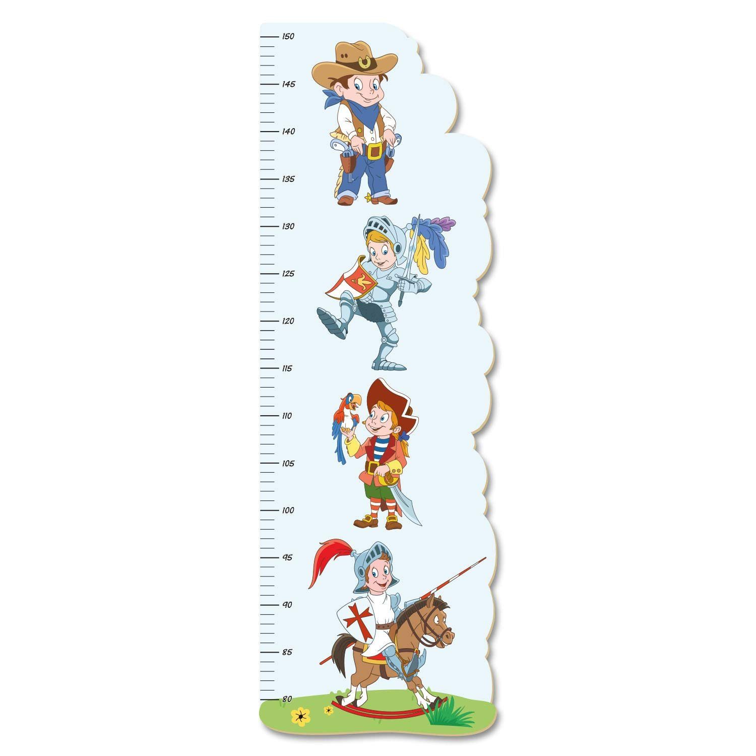 Kreative Feder Messlatte „Ritter, Pirat & Cowboy“ für Kinder, Messlatte fürs Kinderzimmer im Norwegian Style; Messbereich 80–150 cm