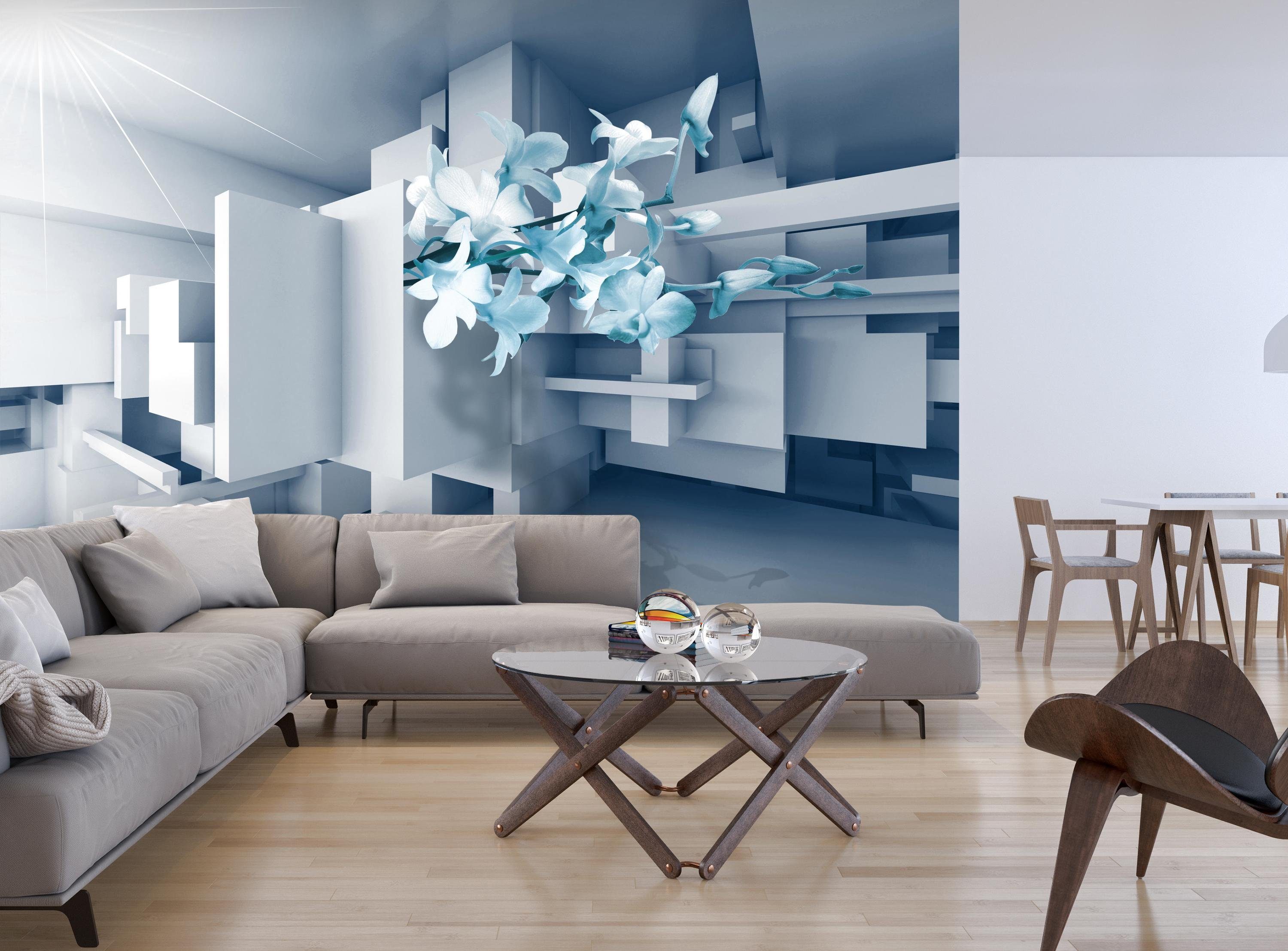 wandmotiv24 Fototapete Orchidee 3D Blau, glatt, Wandtapete, Motivtapete, matt, Vliestapete