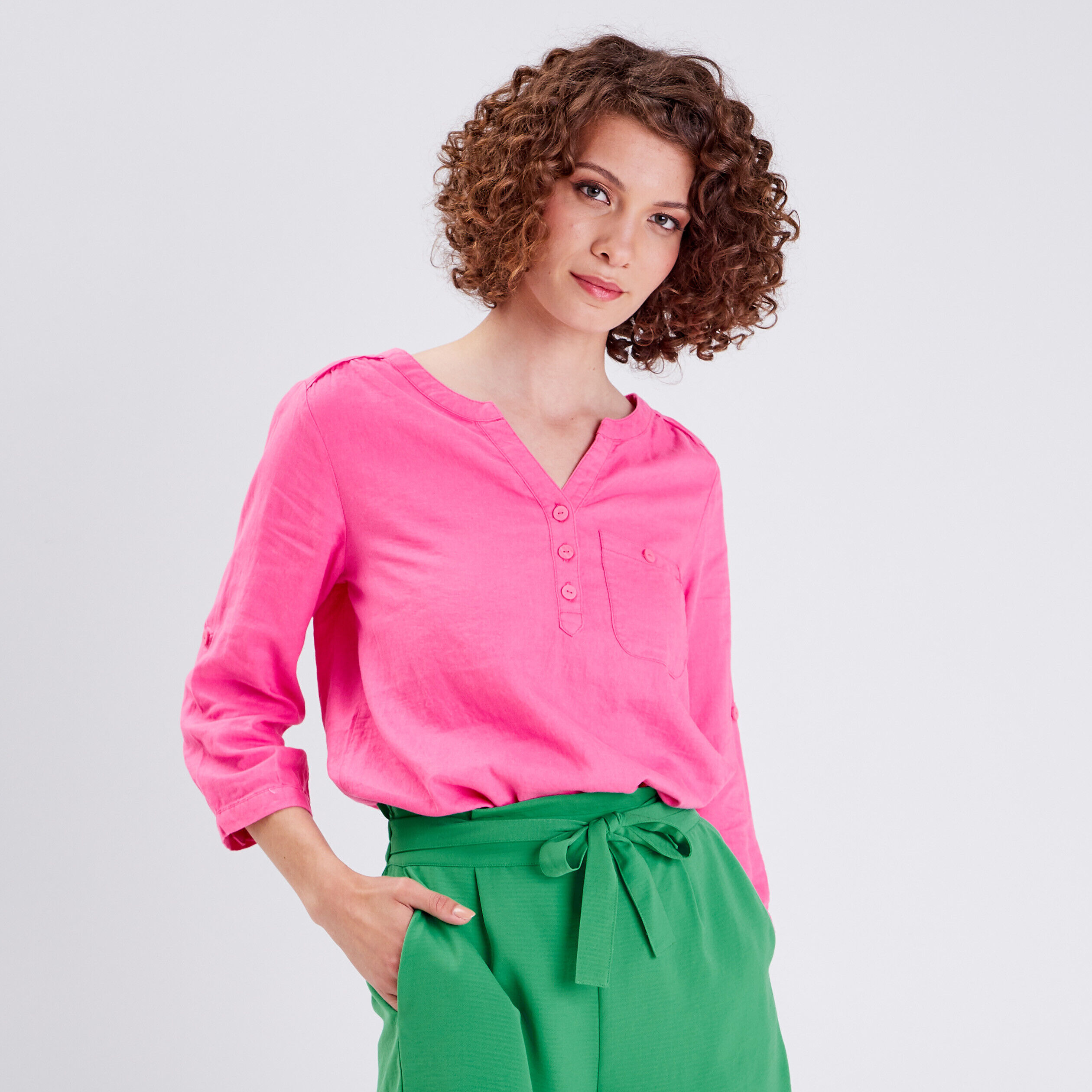 Blouse manches 3/4 rose fluo femme | Cache Cache