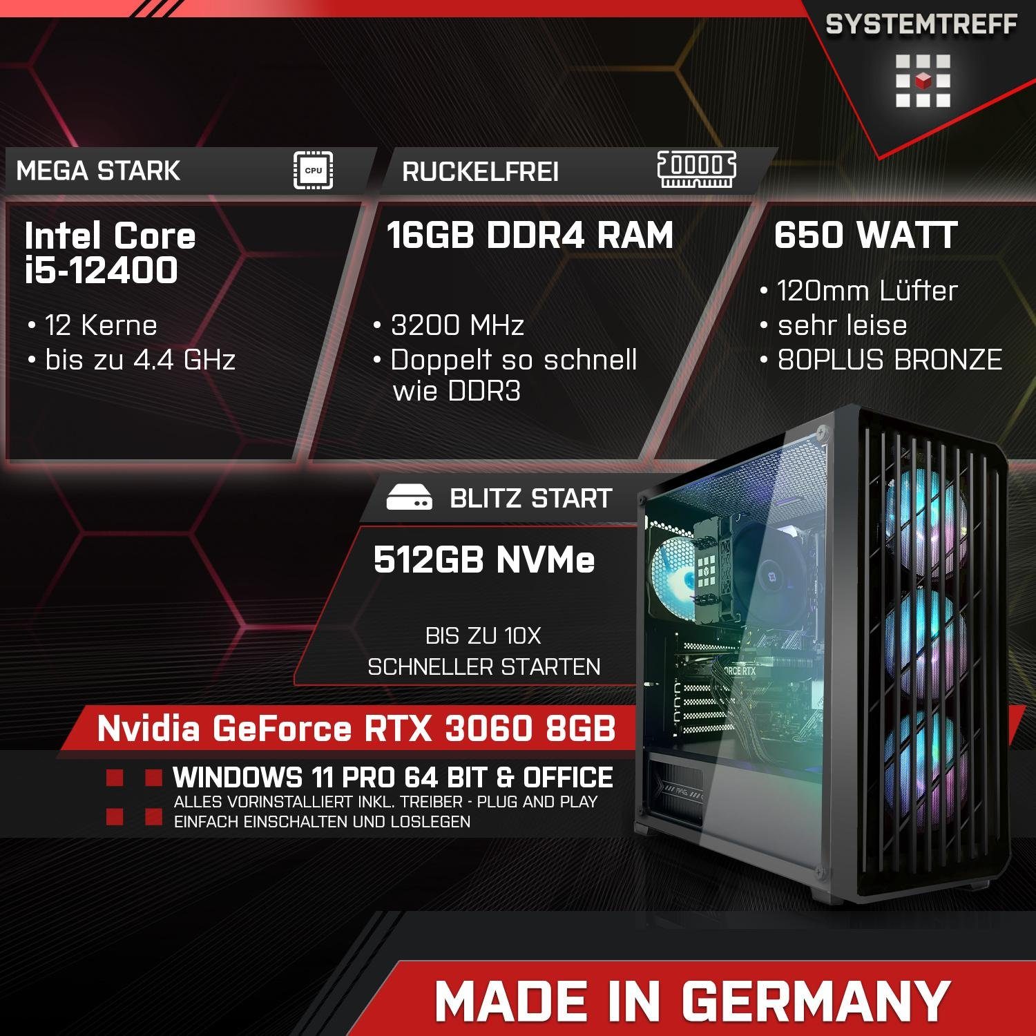 SYSTEMTREFF Gaming-PC (Intel Core i5 12400, GeForce RTX 3060, 16 GB RAM, 512 GB SSD, Luftkühlung, Windows 11, WLAN)