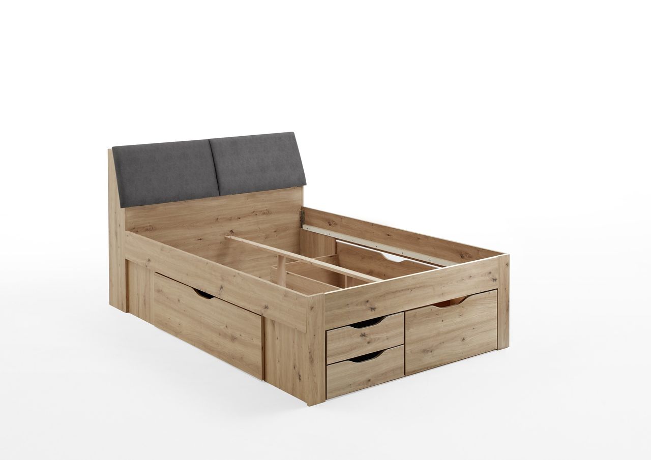 Relita Funktionsbett Maxi 140 x 200 cm, ohne Lattenrost mit 5 Bettschubladen und Stauraum-Polster-Kopfteil Eiche Artisan Dekor