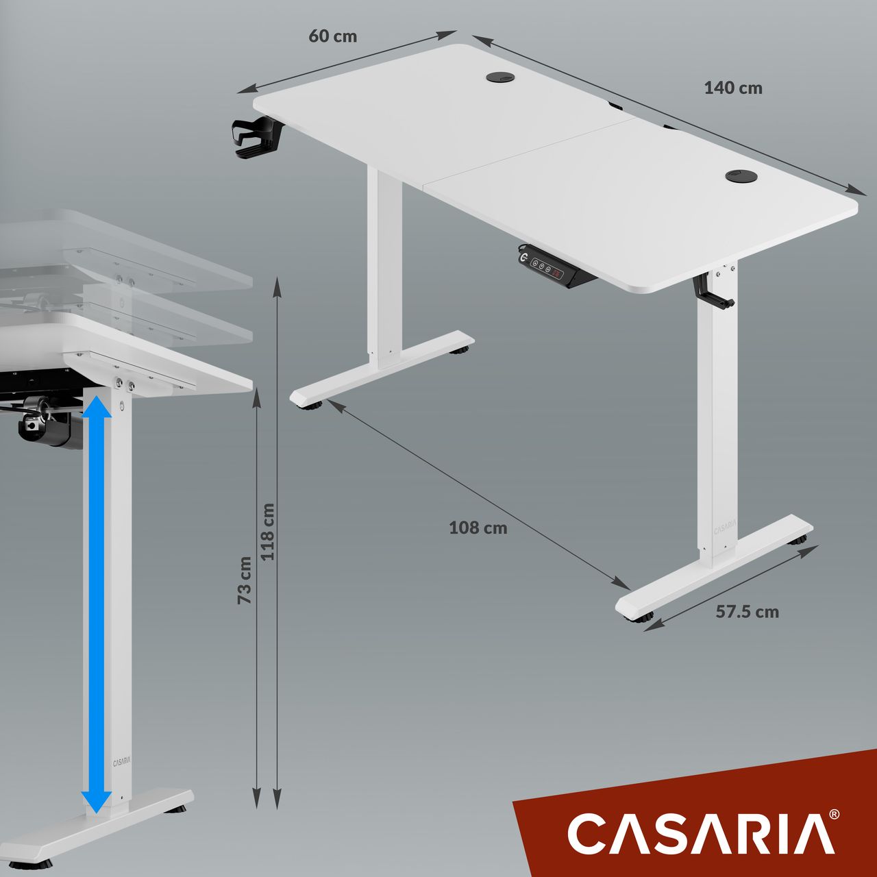 Casaria Höhenverstellbarer Schreibtisch Weiß 140x60x73-118cm