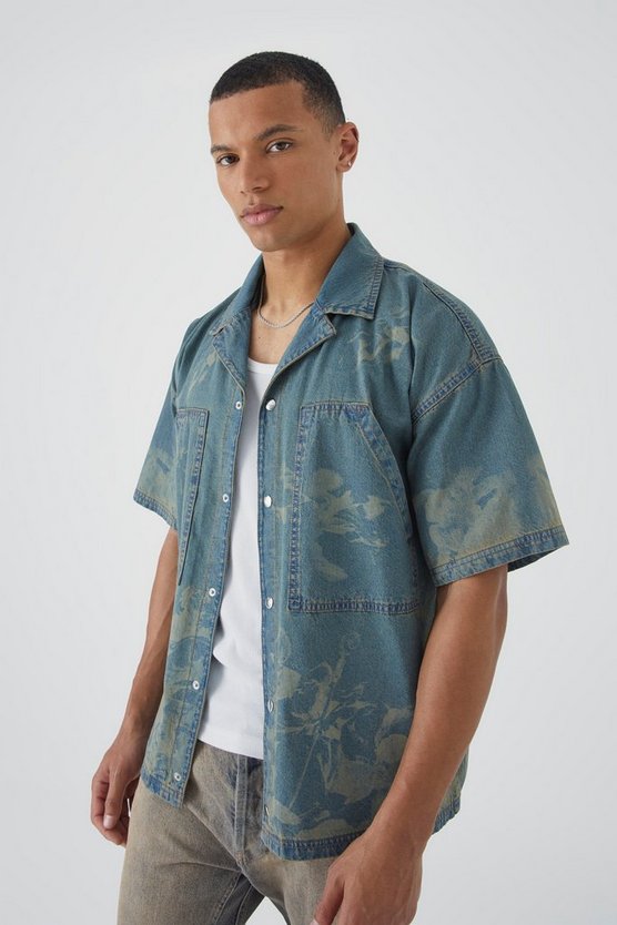 Tall kastiges Jeanshemd mit Renaissance Laser-Print