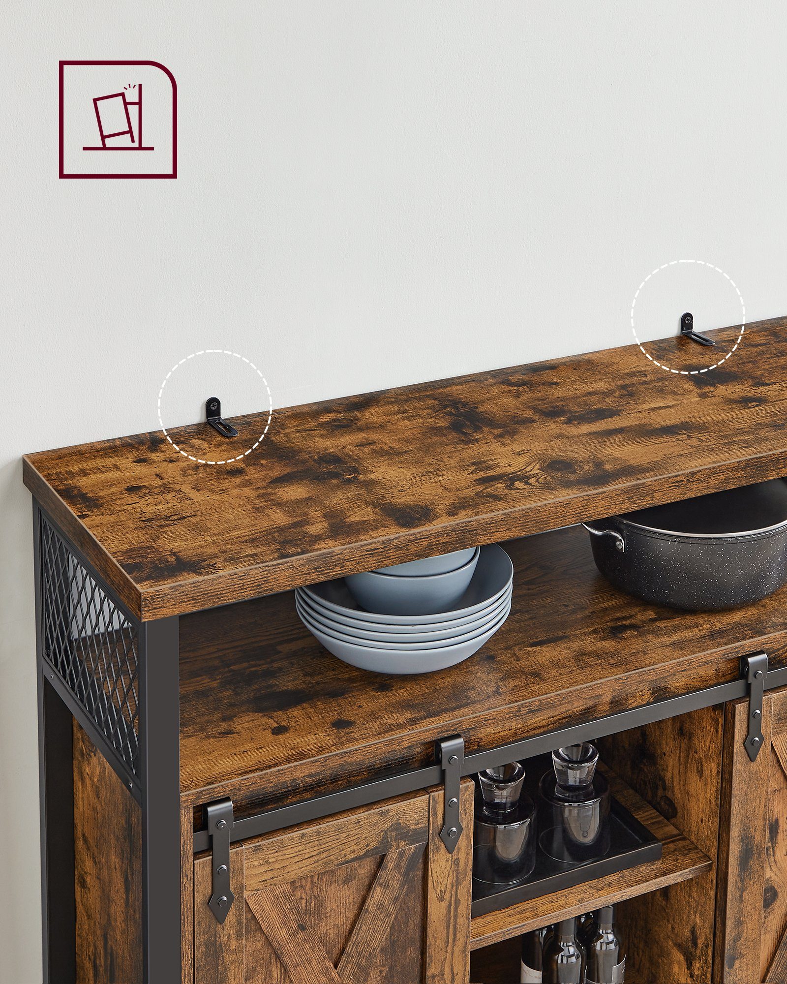 VASAGLE Sideboard Küchenschrank, mit 2 Schiebetüren, verstellbare Ablagen
