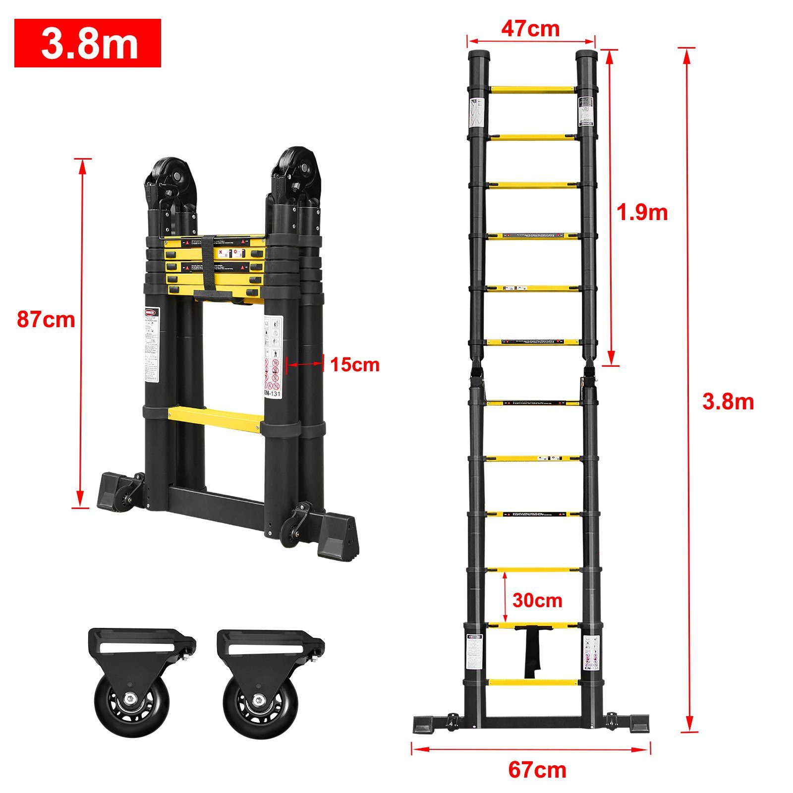 AUFUN Teleskopleiter Alu-Klappleiter, max 150 kg Belastbarkeit, 3,8m/5m