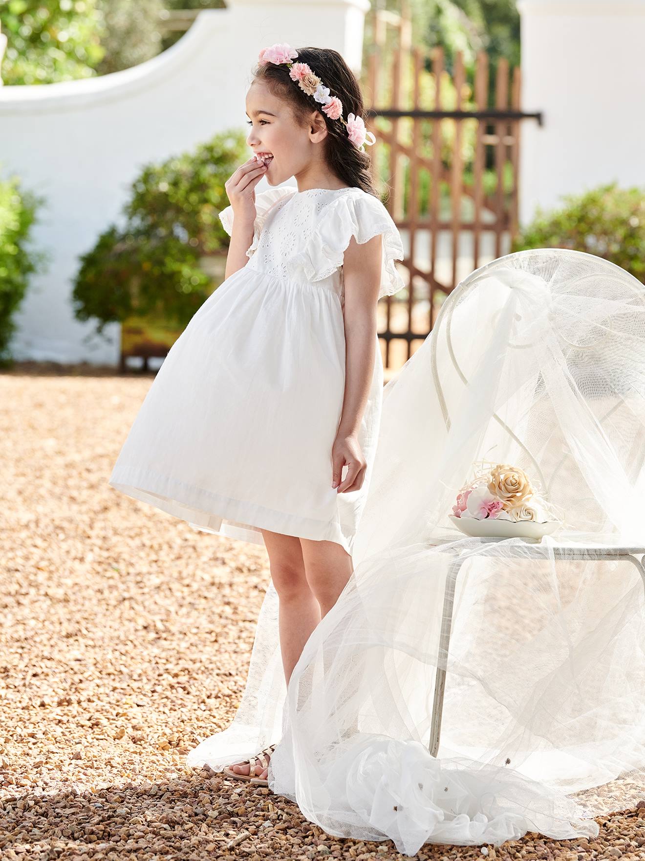 Vertbaudet Mädchen Festkleid mit Lochstickerei - wollweiß