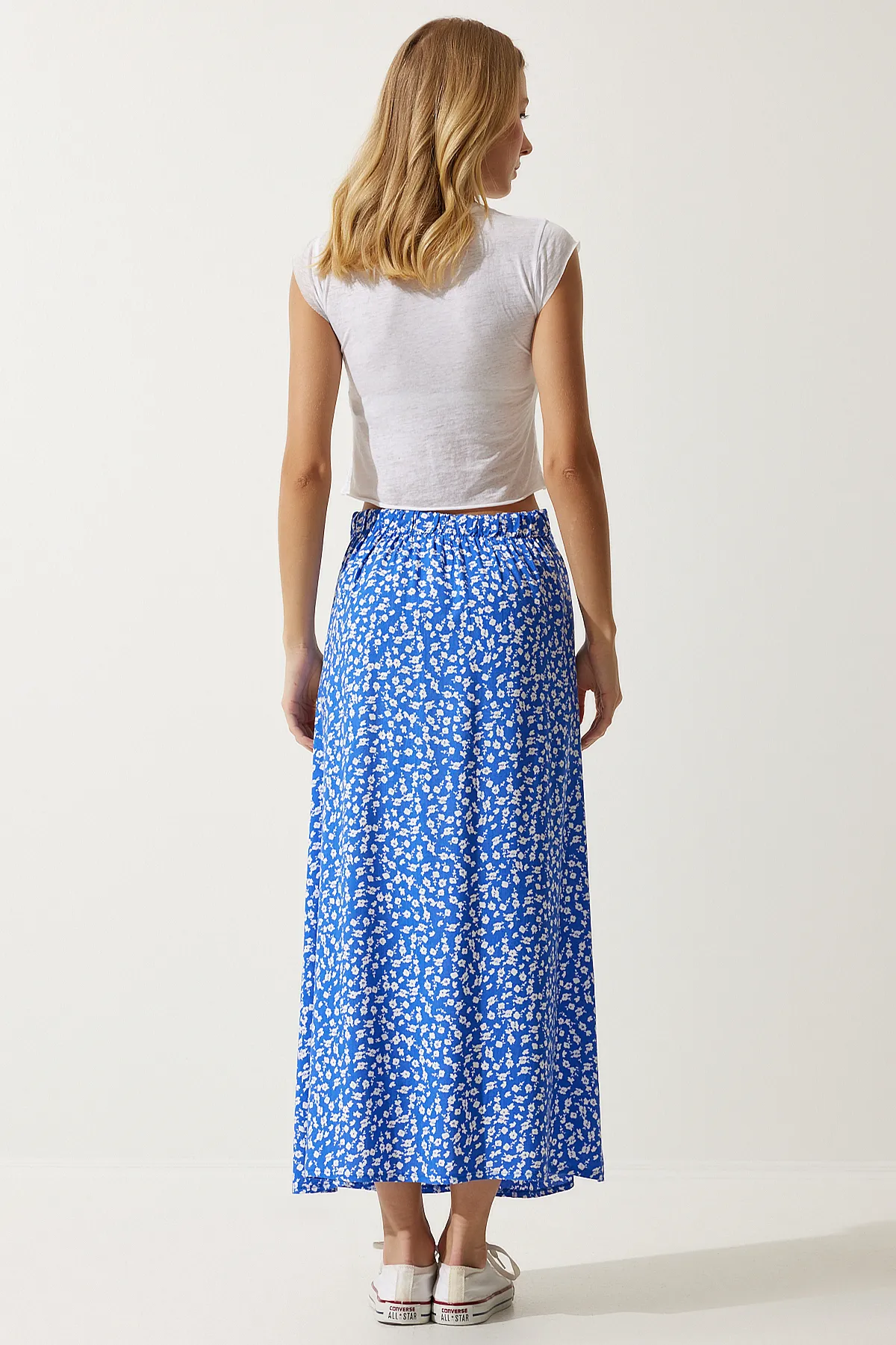 Happiness İstanbul  Blau gemusterter Viskoserock mit Schlitz für Damen UB00246