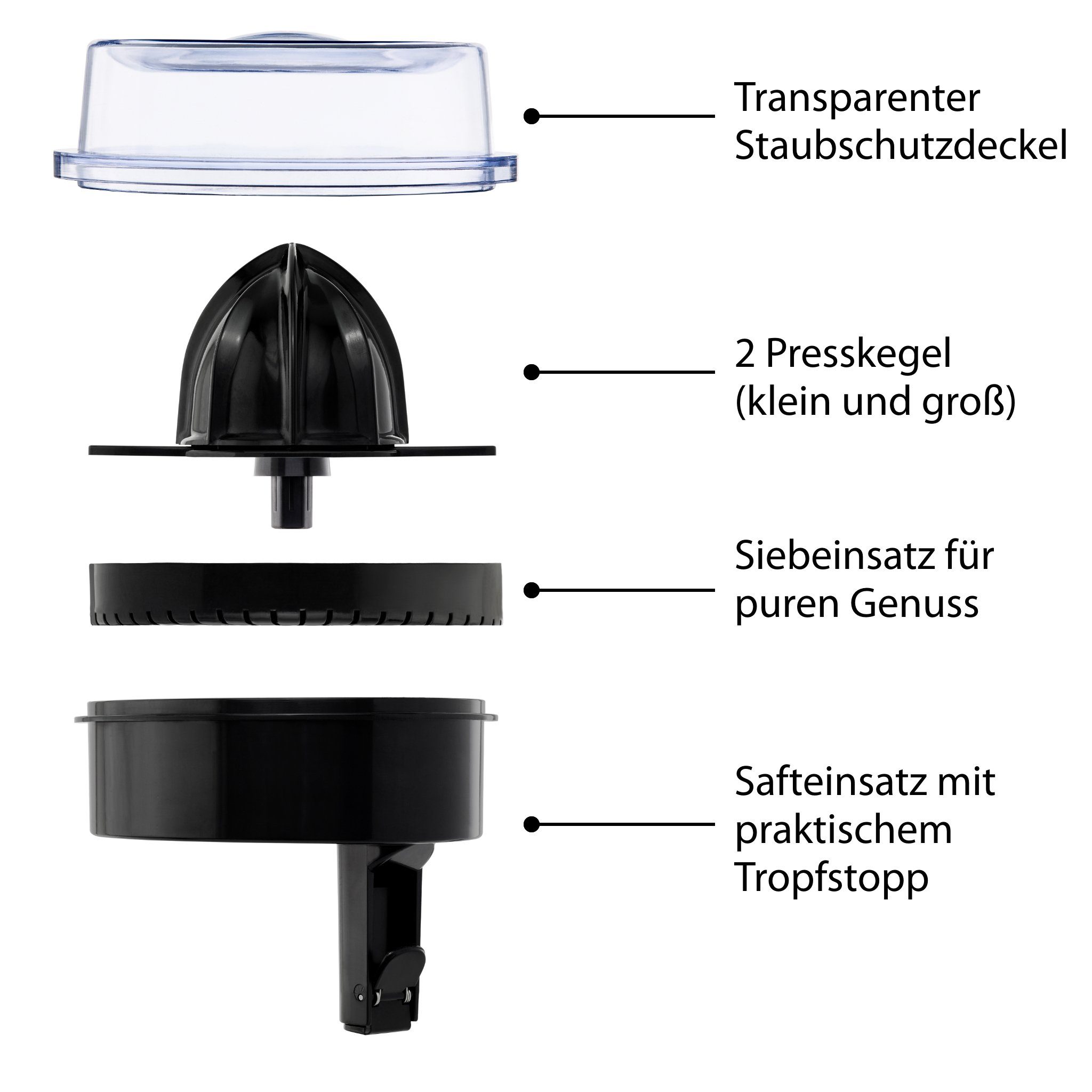 ADE Zitruspresse Entsafter Zitronenpresse Orangenpresse Saftpresse mit 1 l Glaskaraffe, 60 W, 2 Laufrichtungen, Tropf-Stop, 2 Presskegel (groß und klein)