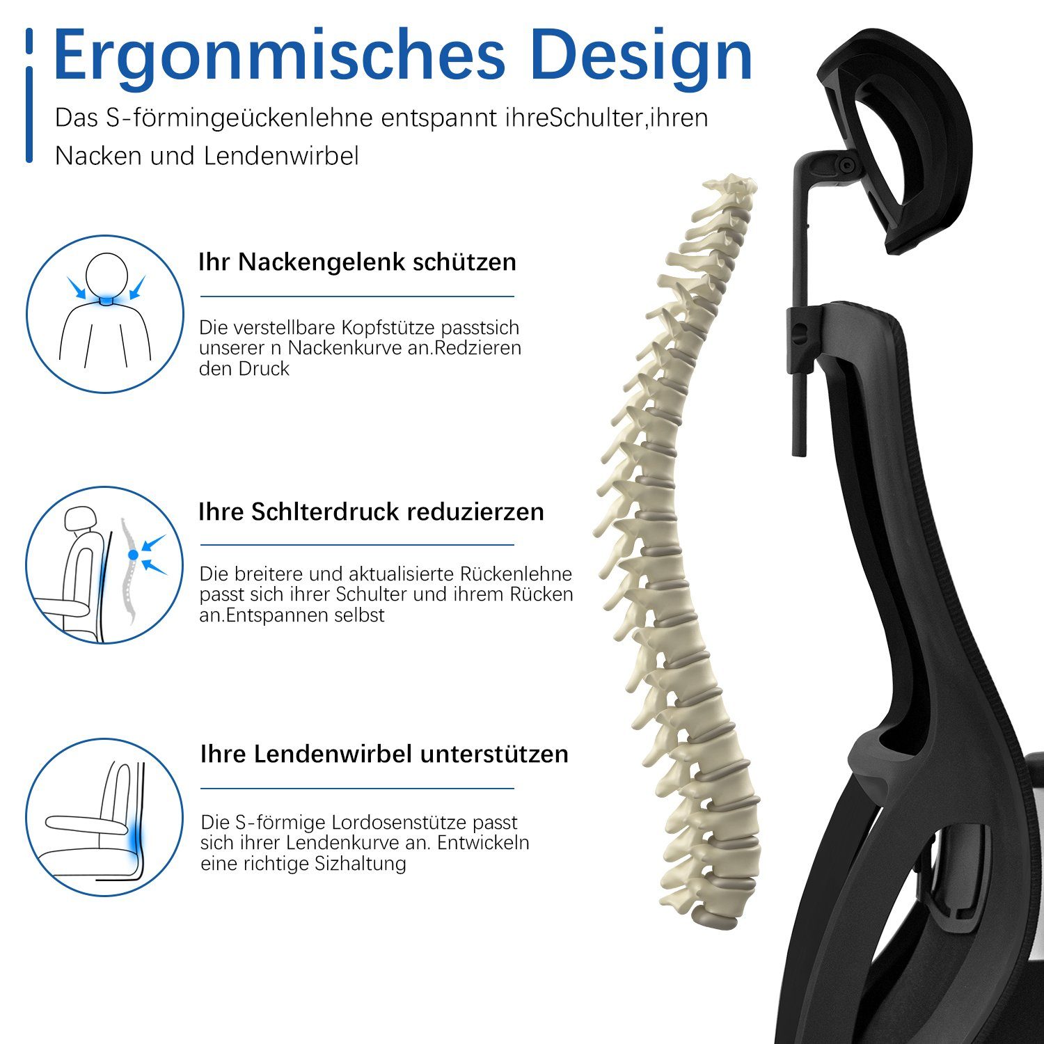 Durrafy Bürostuhl Bürostuhl Ergonomischer, Mesh Drehstuhl, Schreibtischstuhl,Chefsessel, mit Wippfunktion bis 120°, Bürostuhl 150KG