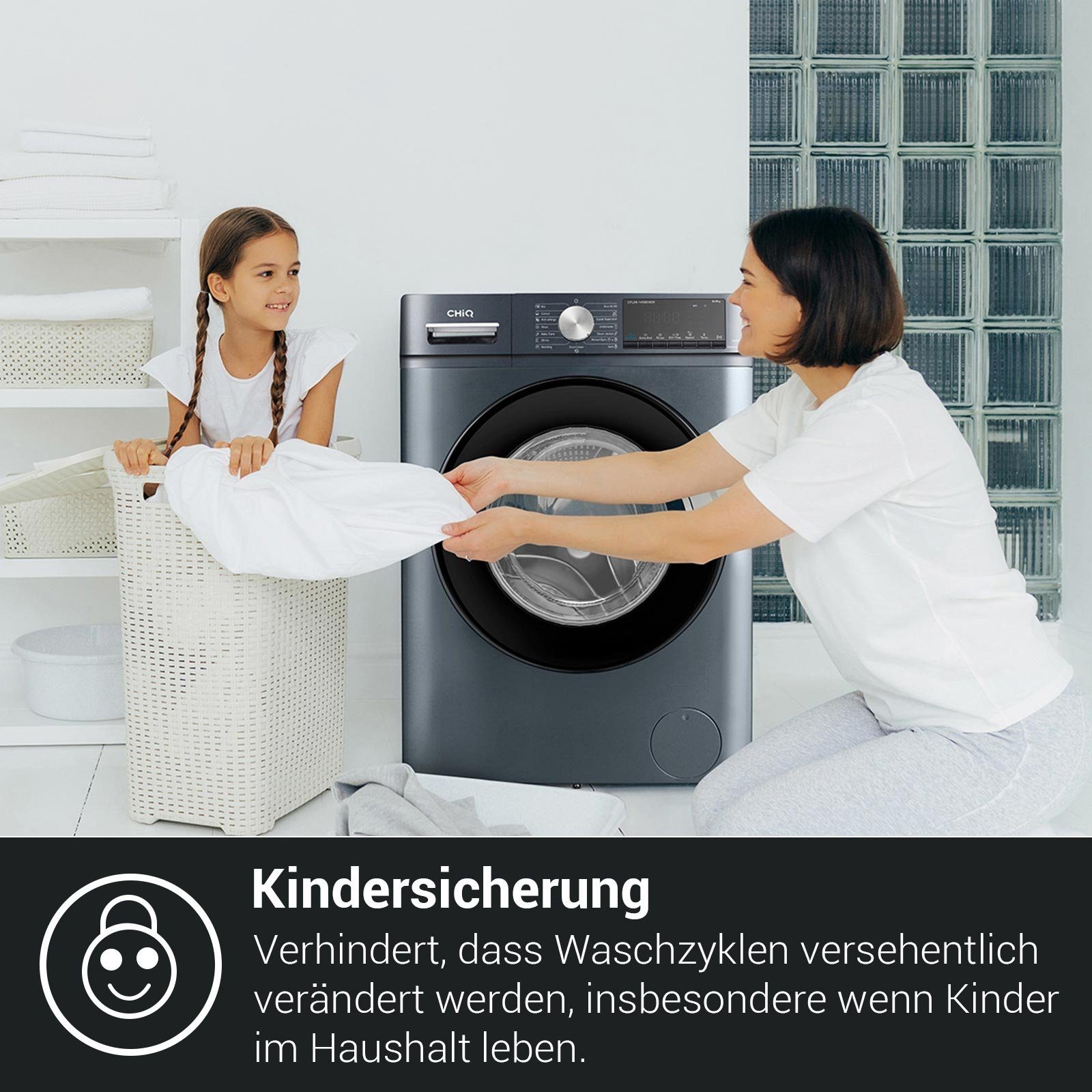 CHiQ Waschmaschine CFL100-14586IM3XB, 10 kg, 1400 U/min, Inverter-Motor, Dampfwäsche, Schnellreinigung, Kindersicherung