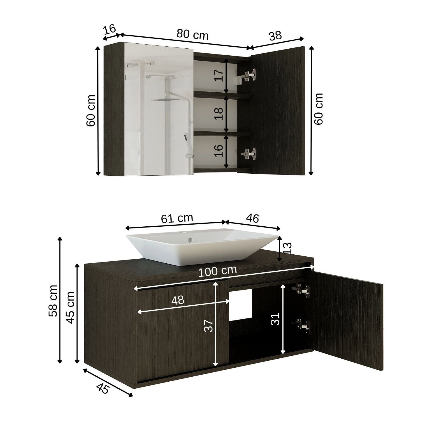 Roomart Badmöbel-Set, (Badmöbel Set 3-teilig 100cm Unterschrank mit Waschbecken Spiegelscrank)