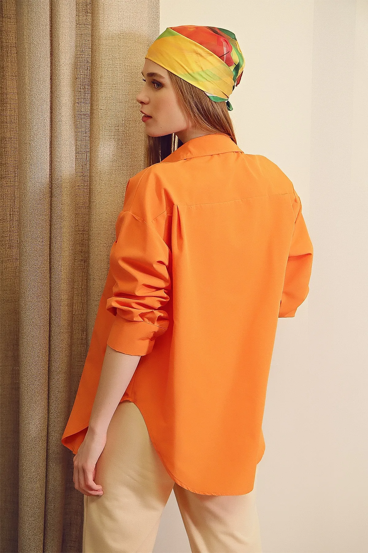 Trend Alaçatı Stili  Orangefarbenes, langes, gewebtes Oversize-Hemd für Damen ALC-X6828