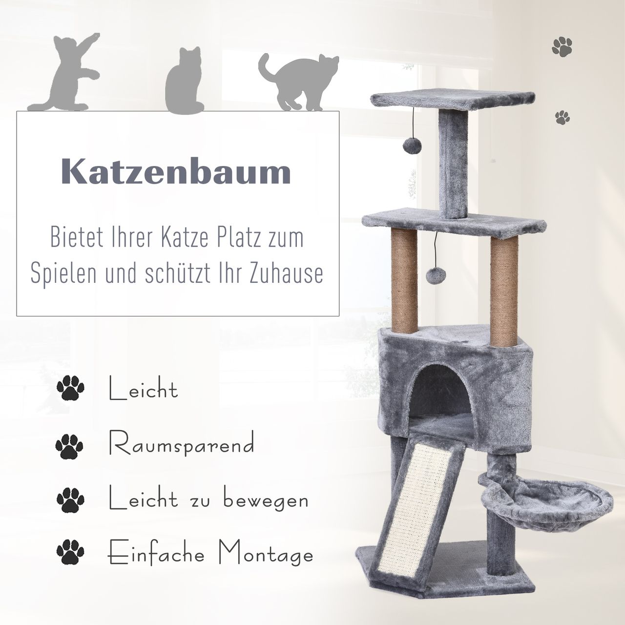 PawHut Katzenbaum mit Hängebett, 4-Stock Kratzbaum, Katzenhaus mit Spielbällen, mit Sisalsäule und Kratzbrett, Plüsch Grau 40 x 40 x 124 cm