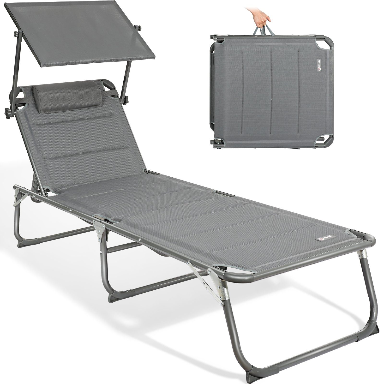 HOMECALL Gartenliege Sonnenliege AluLiege Liegestuhl Strandliege, klappbar, Textilene Mit Dickem Schwamm, Verstellbare Rückenlehne, Sonnenblende, Kopfpolster, bis 150KG