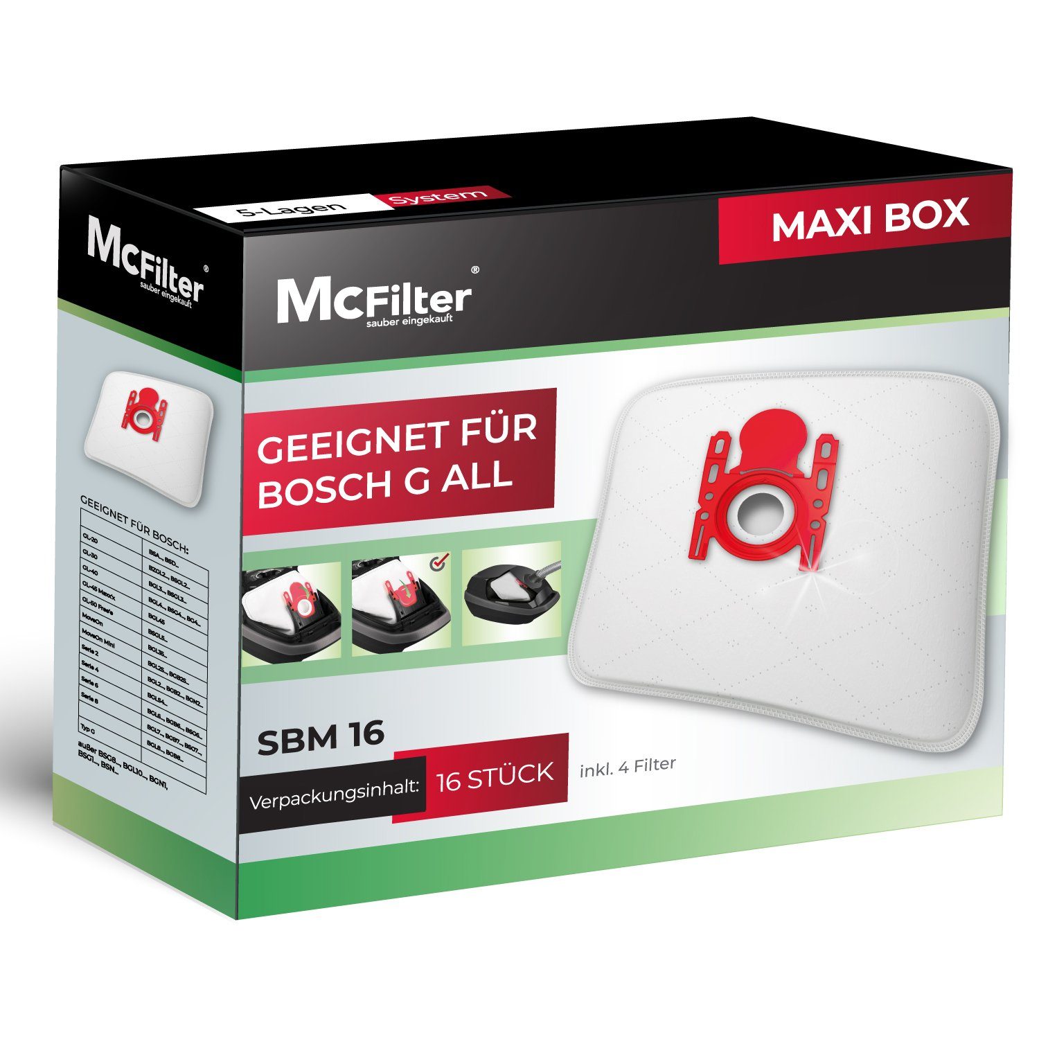 McFilter Staubsaugerbeutel 16 Stück, passend für Bosch BBZ16FGALL - Typ G ALL, Serie 2 Serie 4 Serie 6 Serie 8 GL-20 GL-30 allergy move on (mini) uvm., 16 St., 5-lagiger Staubbeutel mit Staubverschluss, inkl. 4 Filter