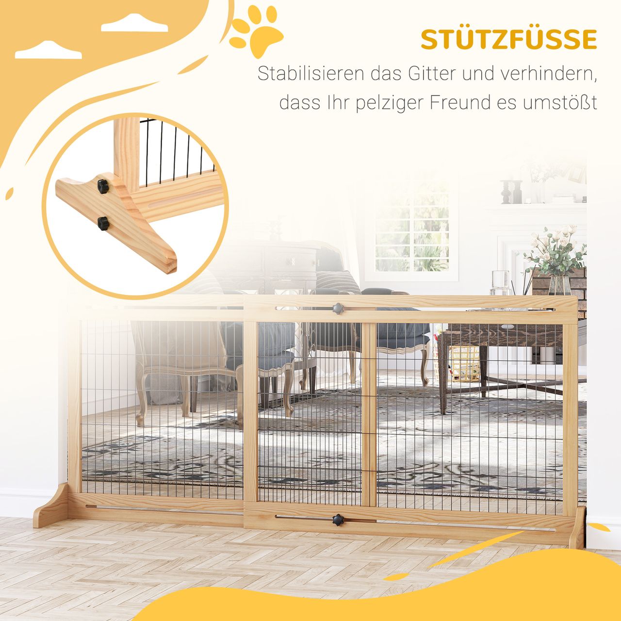 PawHut Hunde Absperrgitter aus Holz, Ausziehbares Türschutzgitter, Hundegitter