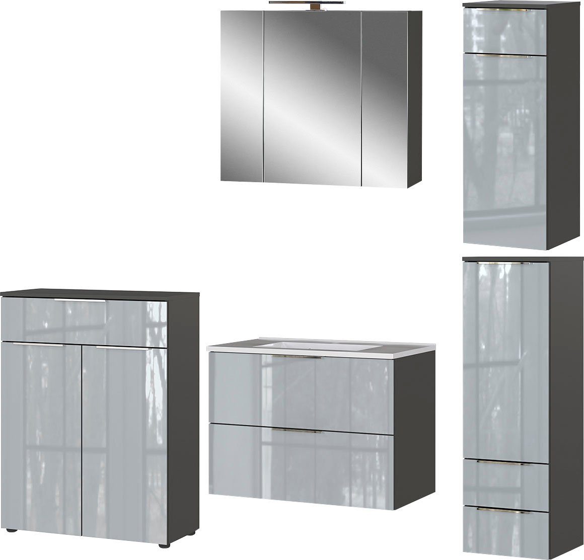 GERMANIA Badmöbel-Set Vasio, (5-St), inkl. WT-Unterschrank, Spiegelschrank, Schrank, Mediumschrank, Kommode