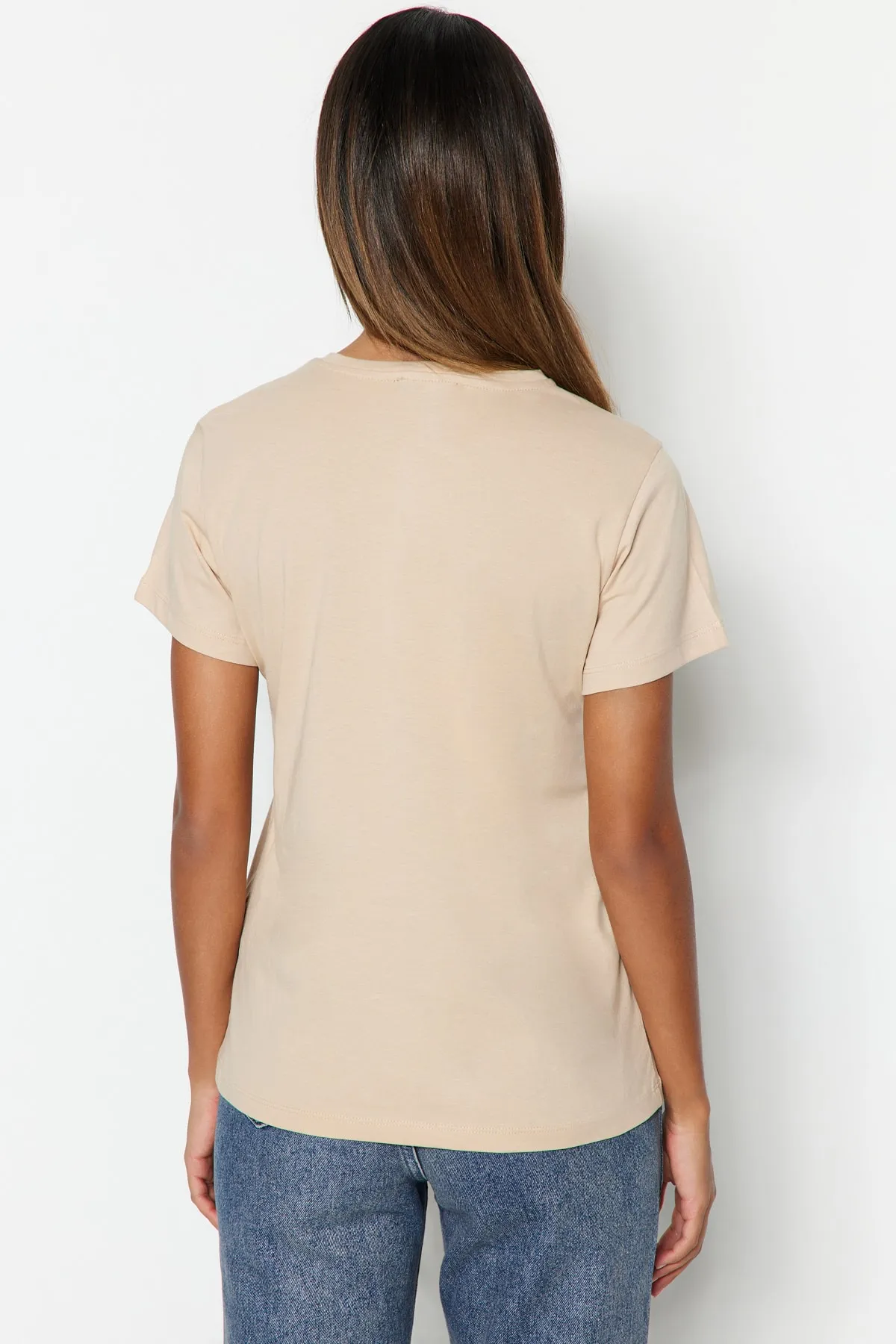 Trendyol Collection  Braun-Beige-Khaki gestreiftes 3er-Pack Basic-Strick-T-Shirt mit Rundhalsausschnitt TWOSS20TS0146