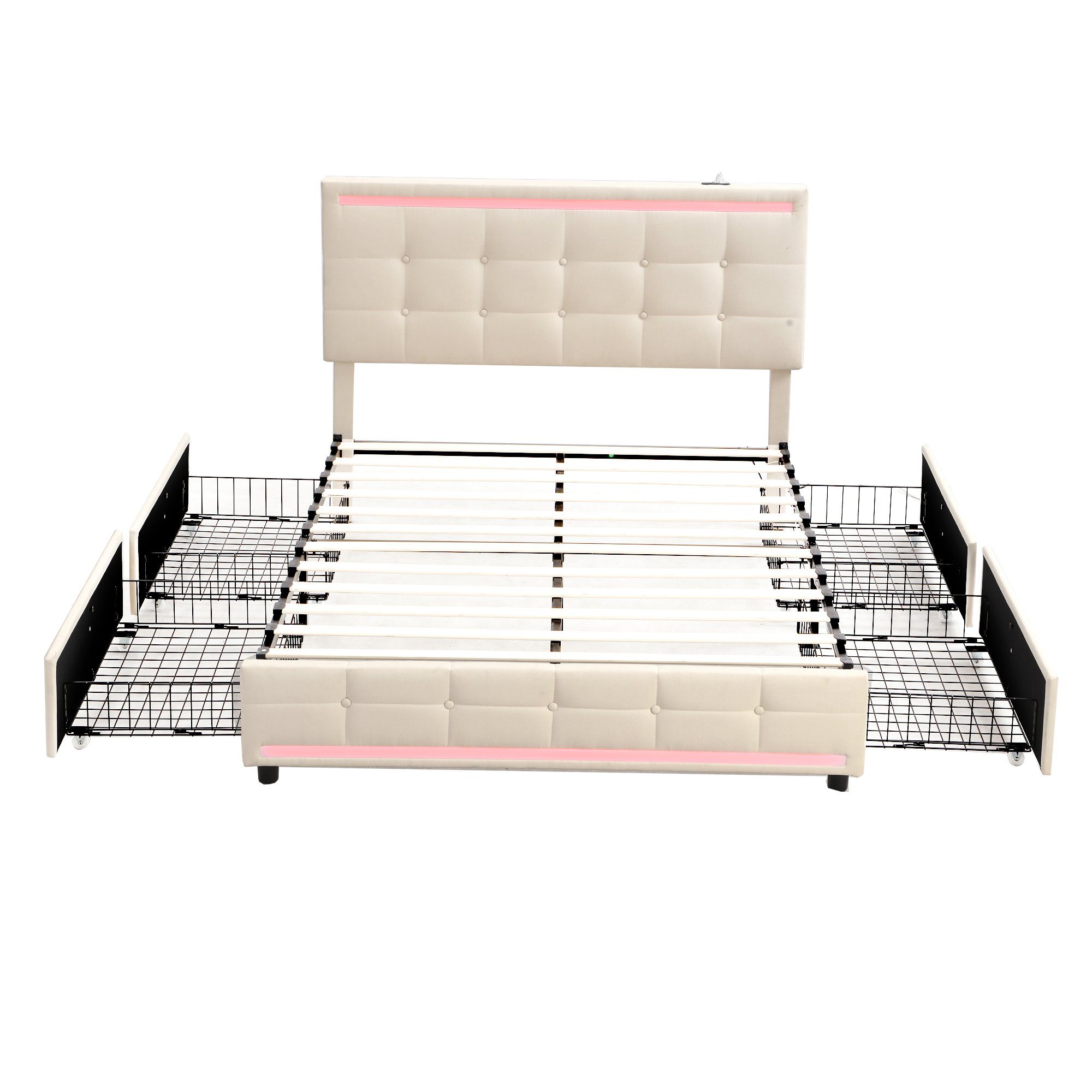 WISHDOR Polsterbett Gästebetten Doppelbetten Bett Polsterbett Heim-Betten140*200 (mit 4 Schubladen und 2 USB-Ladestationen, Bettrahmen mit LED-Leuchten Kopfteil Trittteil, gepolstertes Plattformbett mit Stauraum), Kopfteil höhenverstellbar, ohne Matr