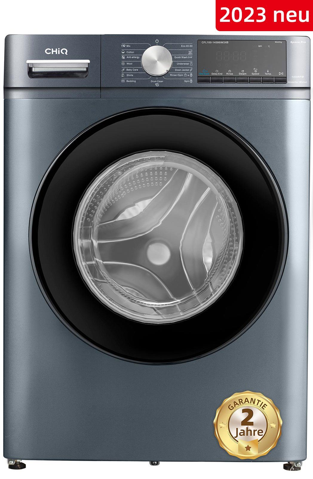 CHiQ Waschmaschine CFL100-14586IM3XB, 10 kg, 1400 U/min, Inverter-Motor, Dampfwäsche, Schnellreinigung, Kindersicherung