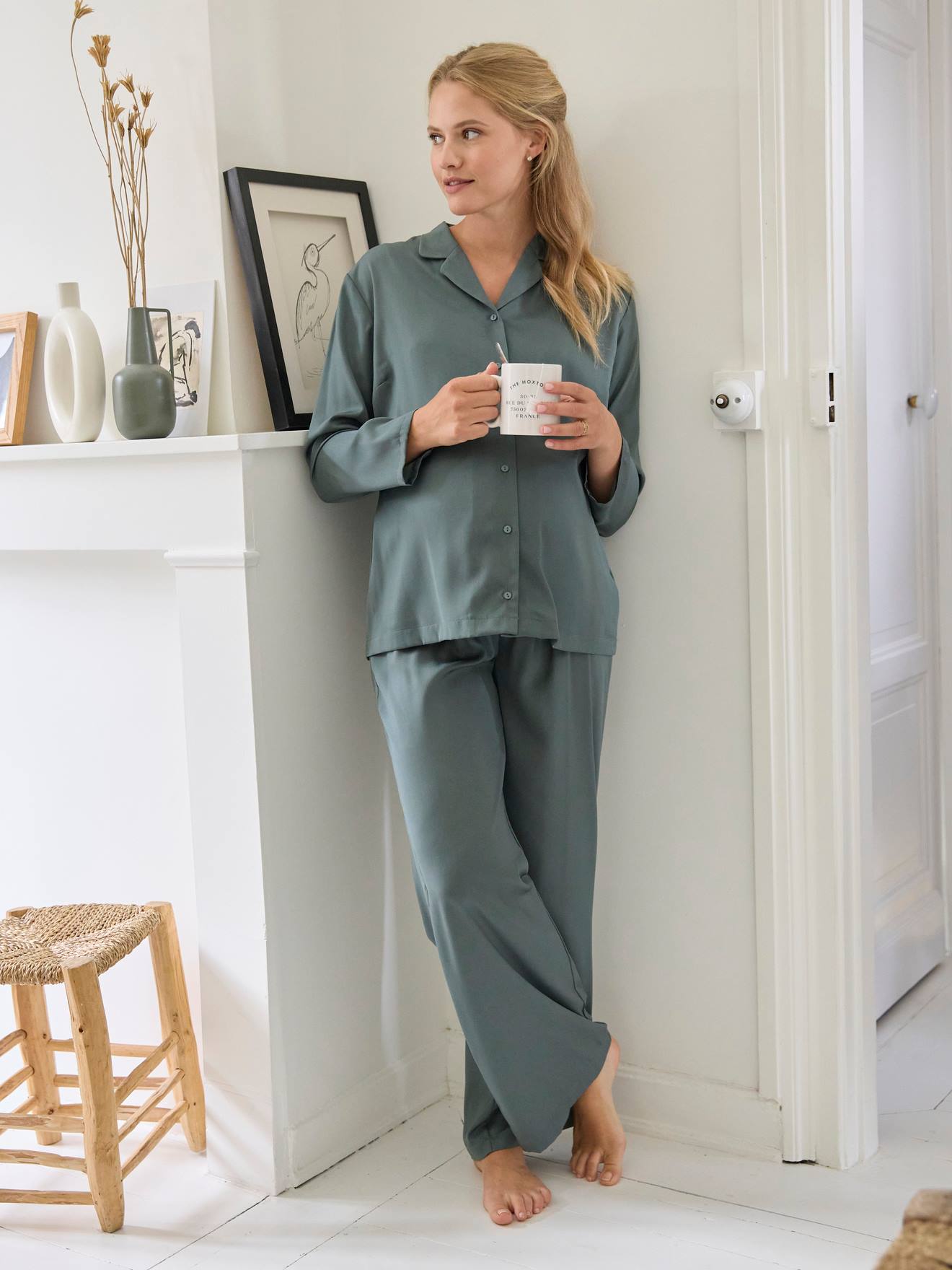 Ensemble 2 pièces pyjama satin grossesse et allaitement gris ardoise