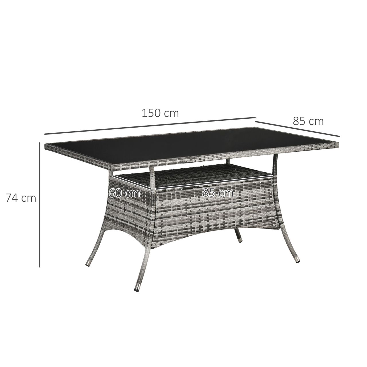 Outsunny Gartentisch Glastisch Esstisch Gartenmöbel Tisch, Polyrattan Sicherheitsglas, Grau Schwarz, 150x85x74cm