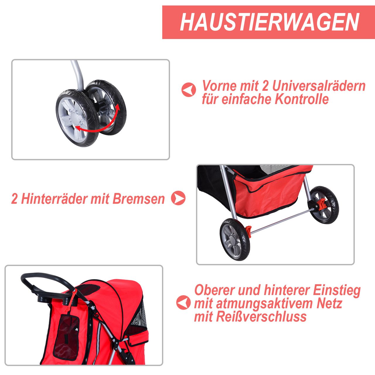 PawHut Hundewagen Hundebuggy Pet Stroller Hunde Buggy mit 4 Rolle in 4 Farben