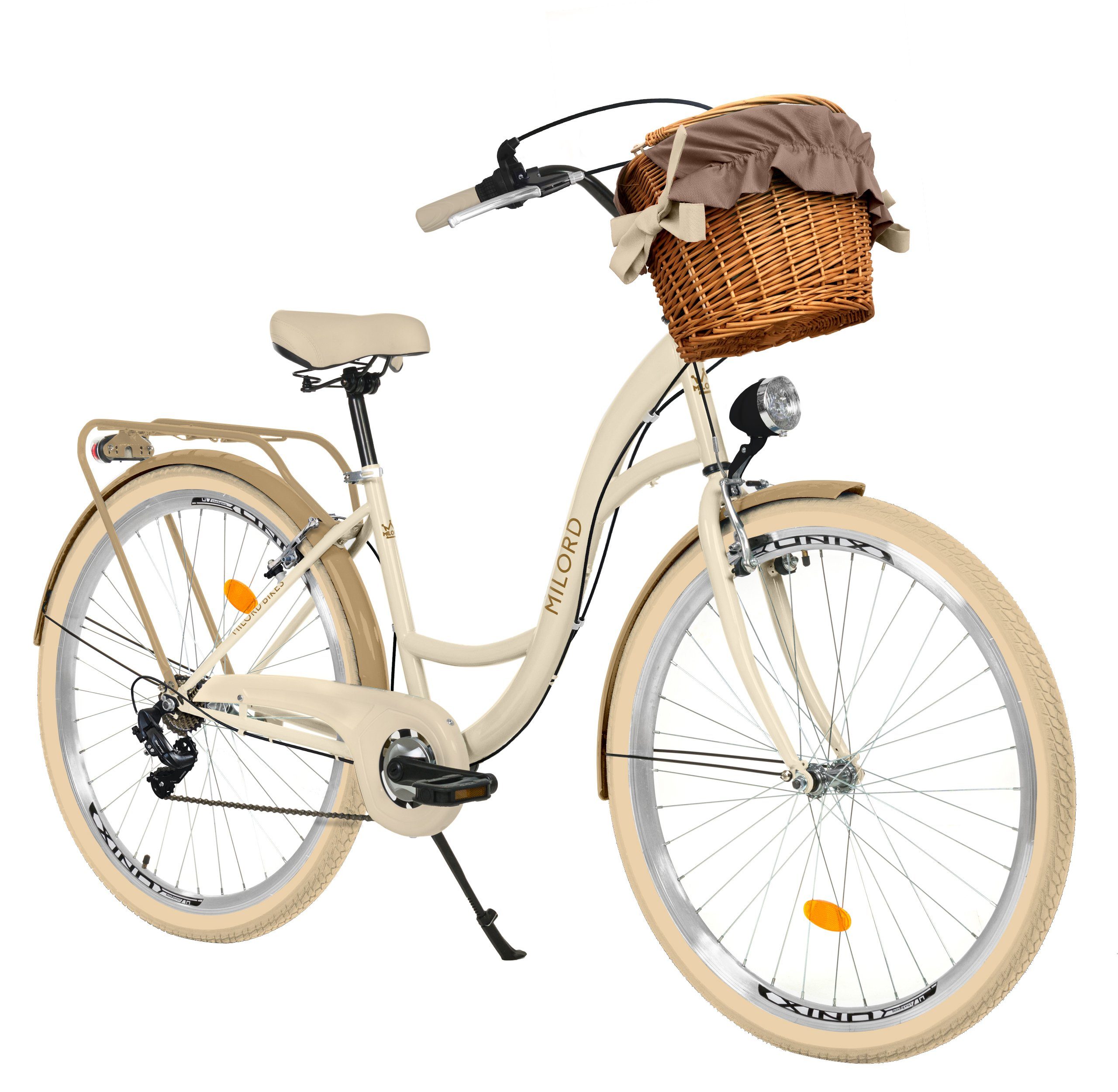 MILORD BIKES Cityrad Milord City Fahrrad Weidenkorb Damen, 28/26 Zoll, Creme-Braun, 7-Gang, 7 Gang Shimano, Kettenschaltung