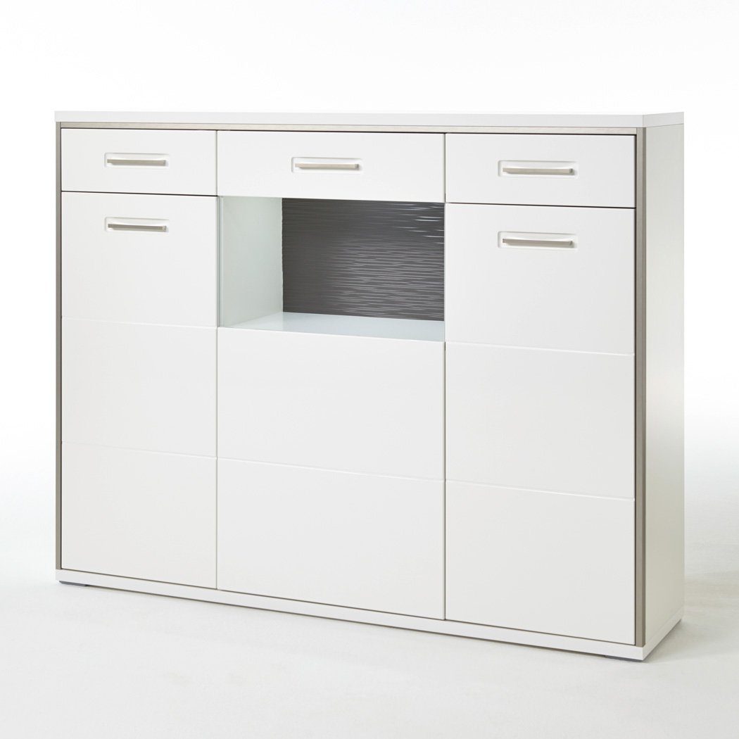 expendio Wohnzimmer-Set Travis 143, (Spar-Set, 7-St), weiß Hochglanz montiert LED + Softclose + 4x Stuhl Kunstleder schwarz