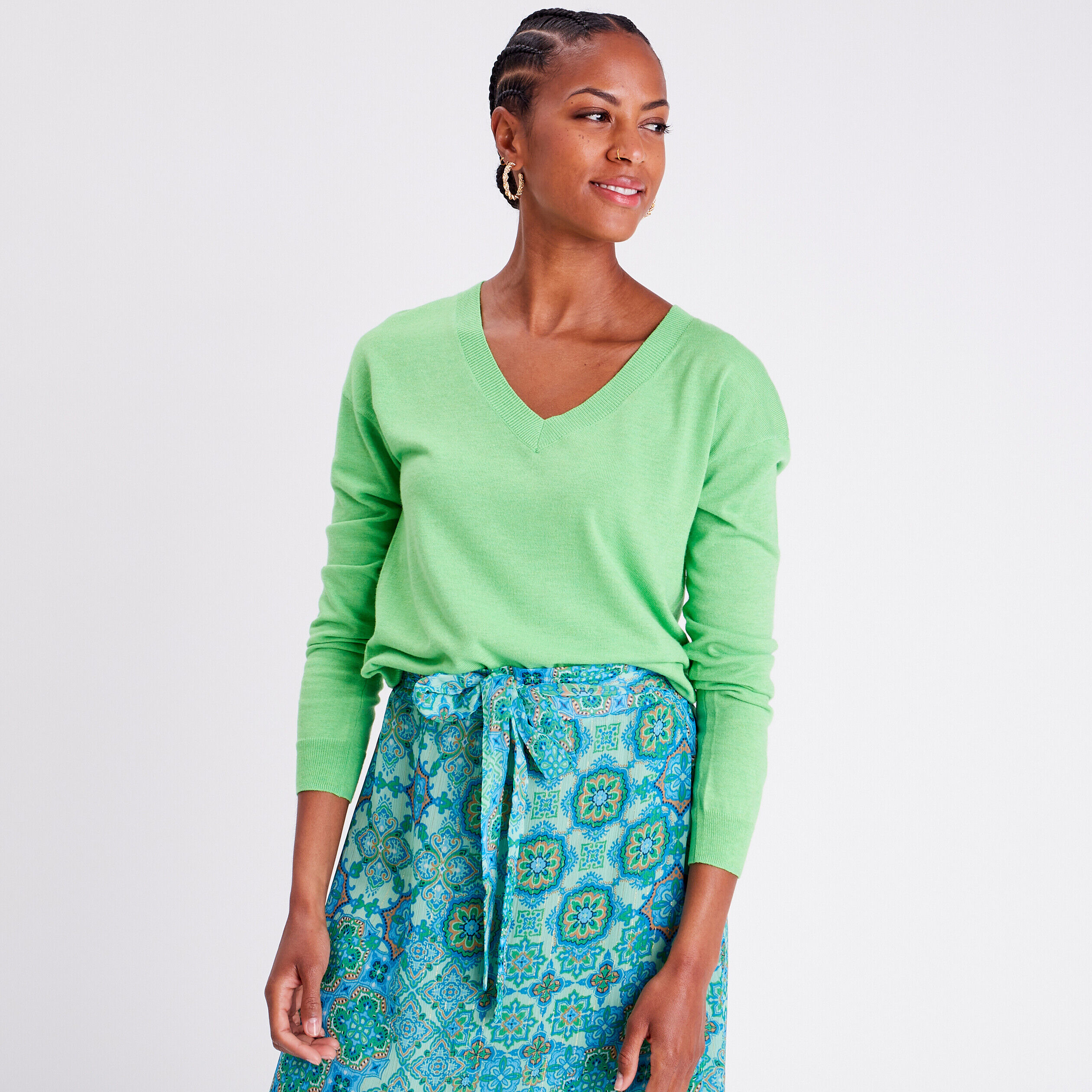 Pull col en V vert femme | Cache Cache