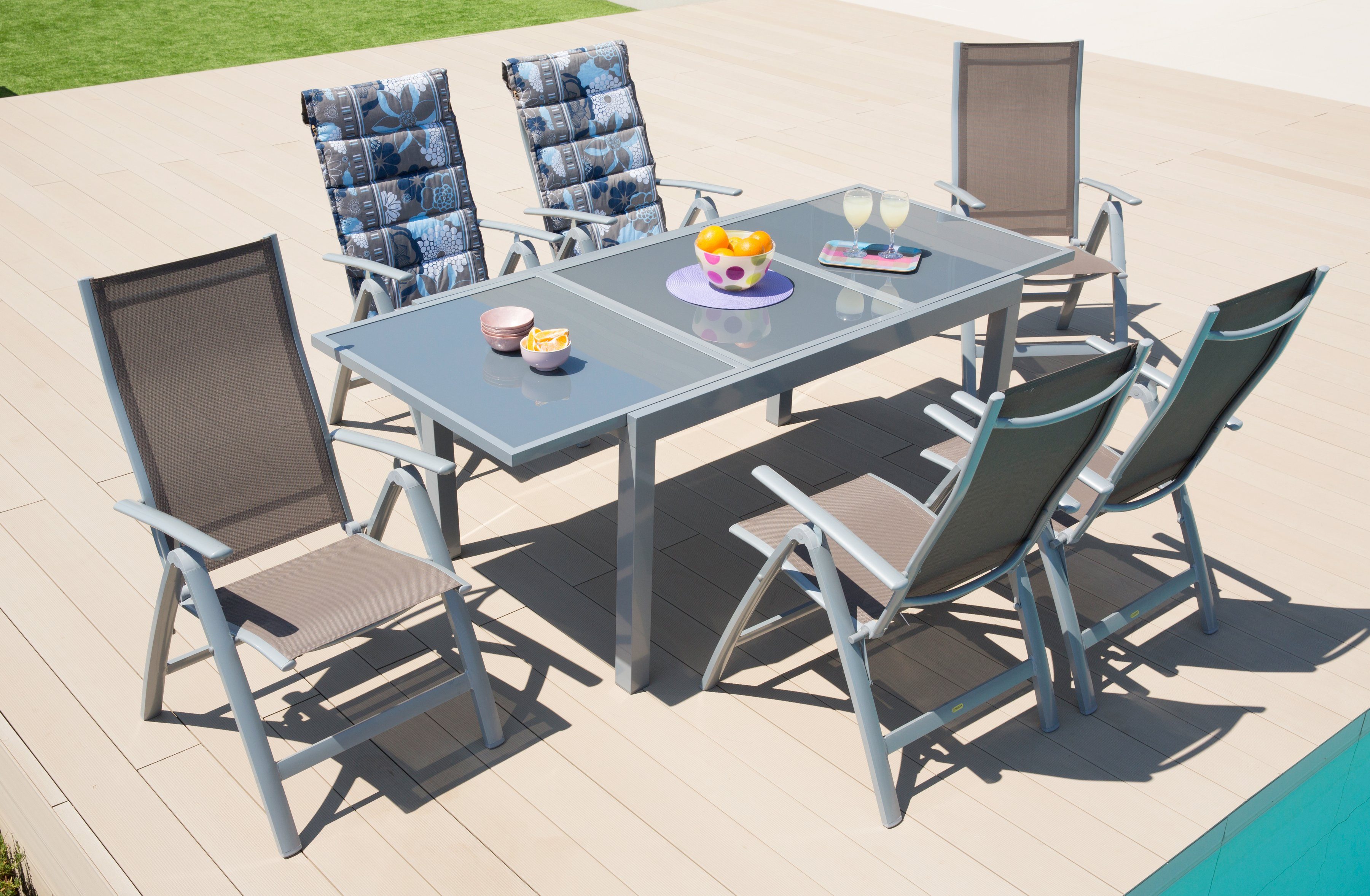 MERXX Garten-Essgruppe Amalfi, (7-tlg), 6 Hochlehner, ausziehbarer Tisch 90x140-200 cm, Alu/Textil