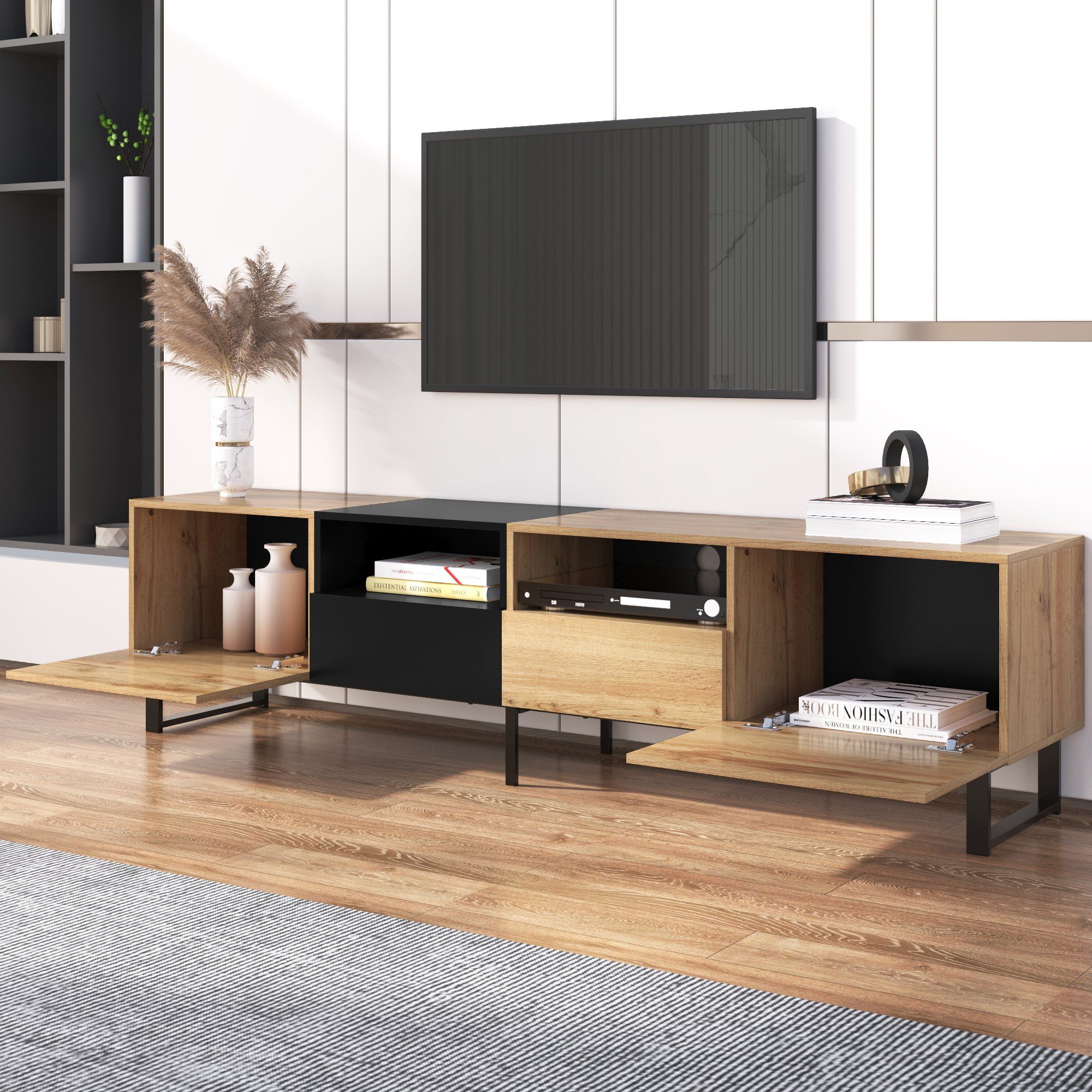 Merax Lowboard Wildeiche TV-Board mit vier Schubkästen, Fernsehtisch, TV-Schrank Vintage Industrial, aus Holz, Breite 190cm