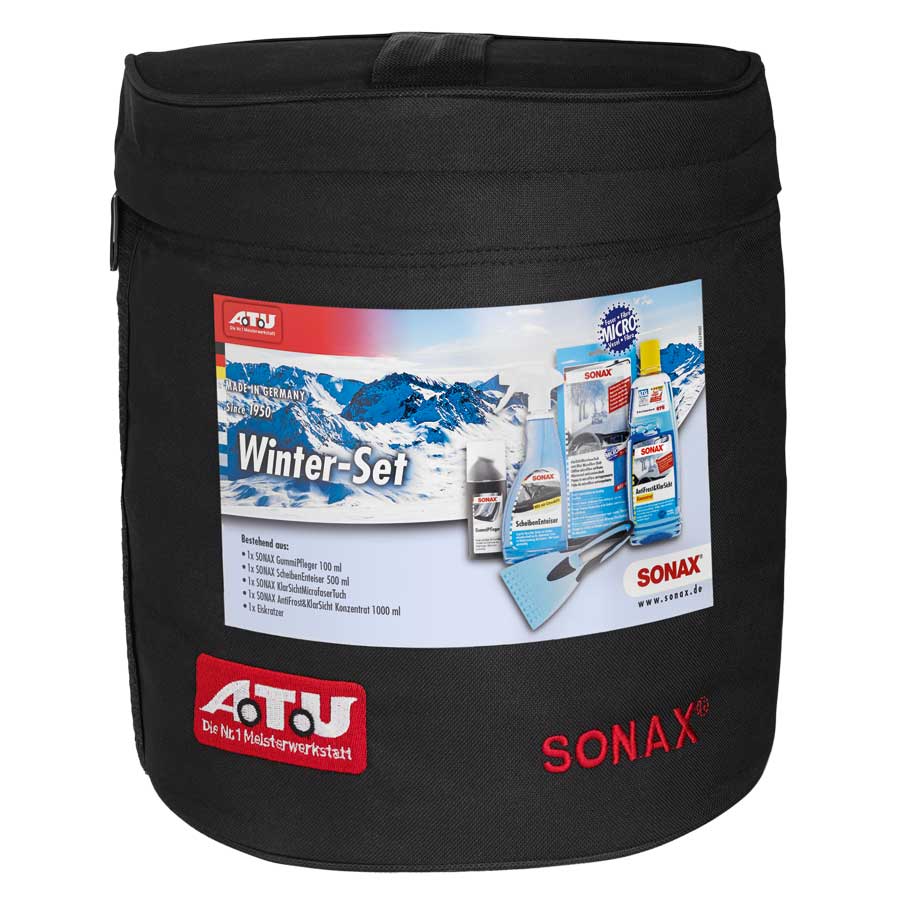 SONAX 764200 Winter-Set ATU mit GummiPflege, ScheibenEnteiser, KlarSichtMicrofaserTuch, AntiFrost&KlarSicht Konzentrat und Eiskratzer - ATU