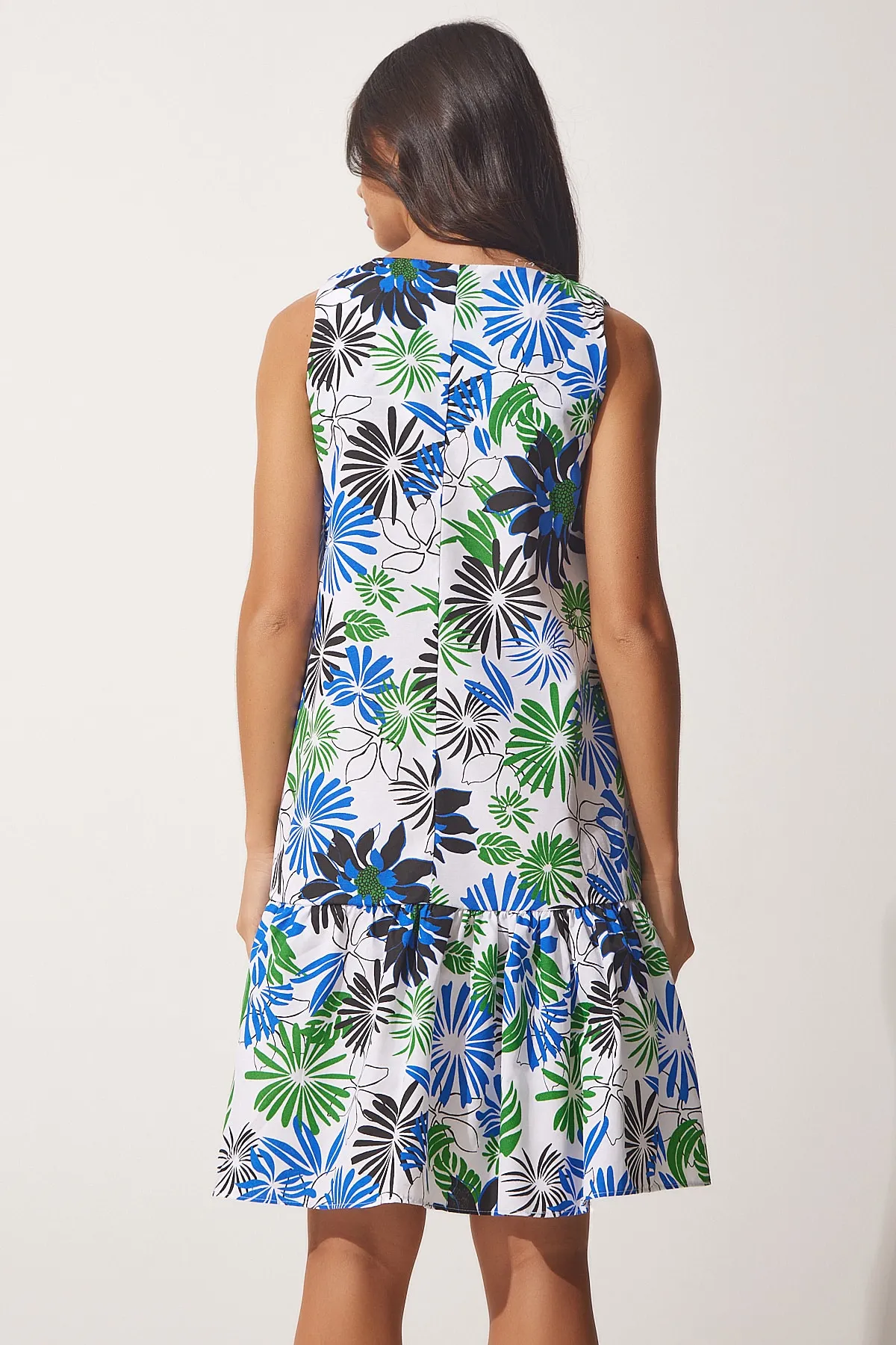 Happiness İstanbul  Damen-Sommerkleid aus Popeline in Weiß und Blau mit Muster LU00021