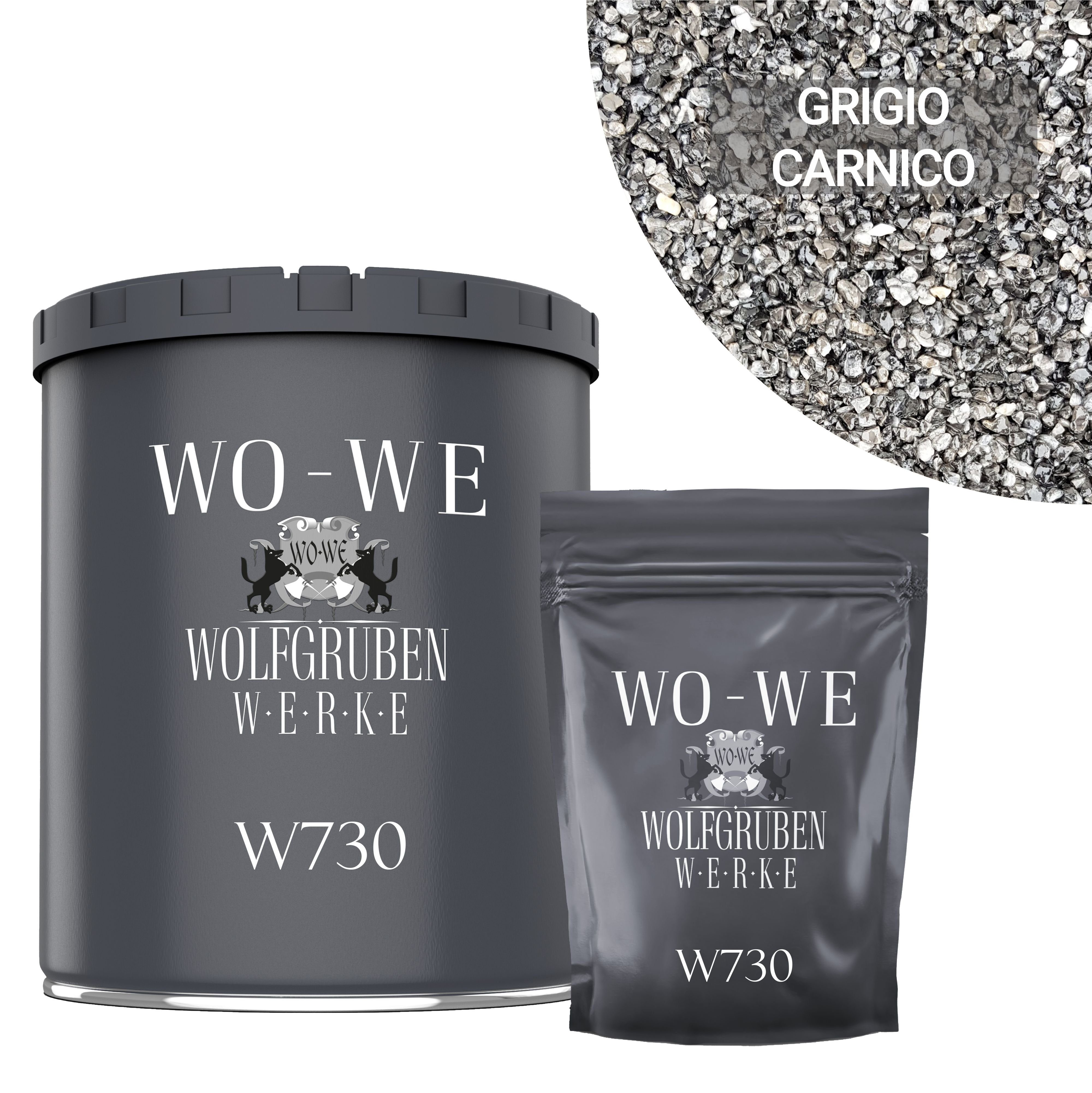 WO-WE Korngröße 1-4mm Bodenfliese Steinteppich Set Marmorkies Bodenbeschichtung W730 2qm, Dunkel Grau - Grigio Carnico, Set, 25KG Marmorkies + 1,5KG 2k Bindemittel