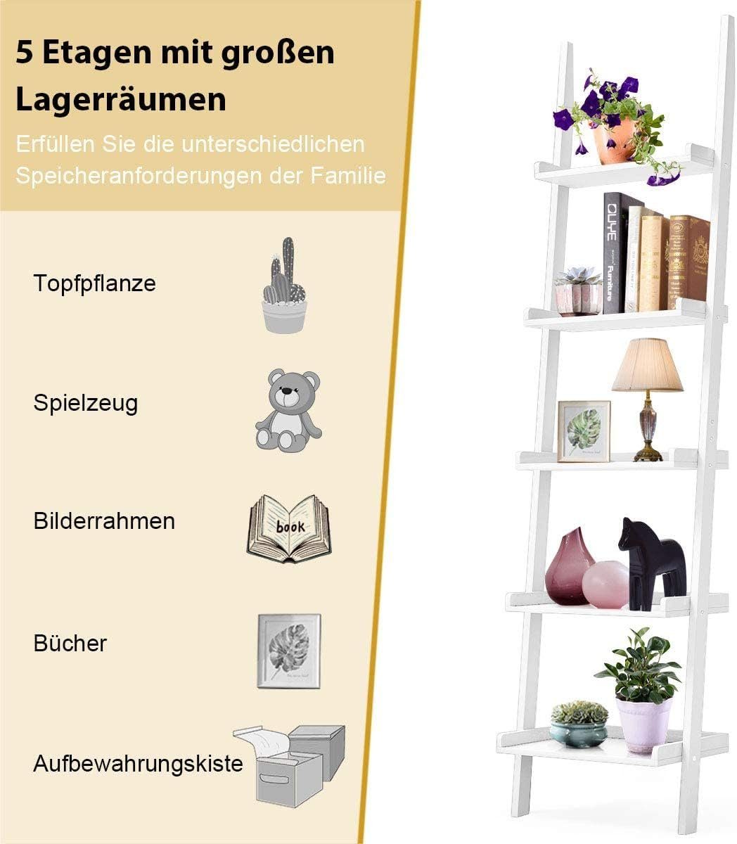 KOMFOTTEU Leiterregal Standregal, mit 5 Ablagen (Weiß)