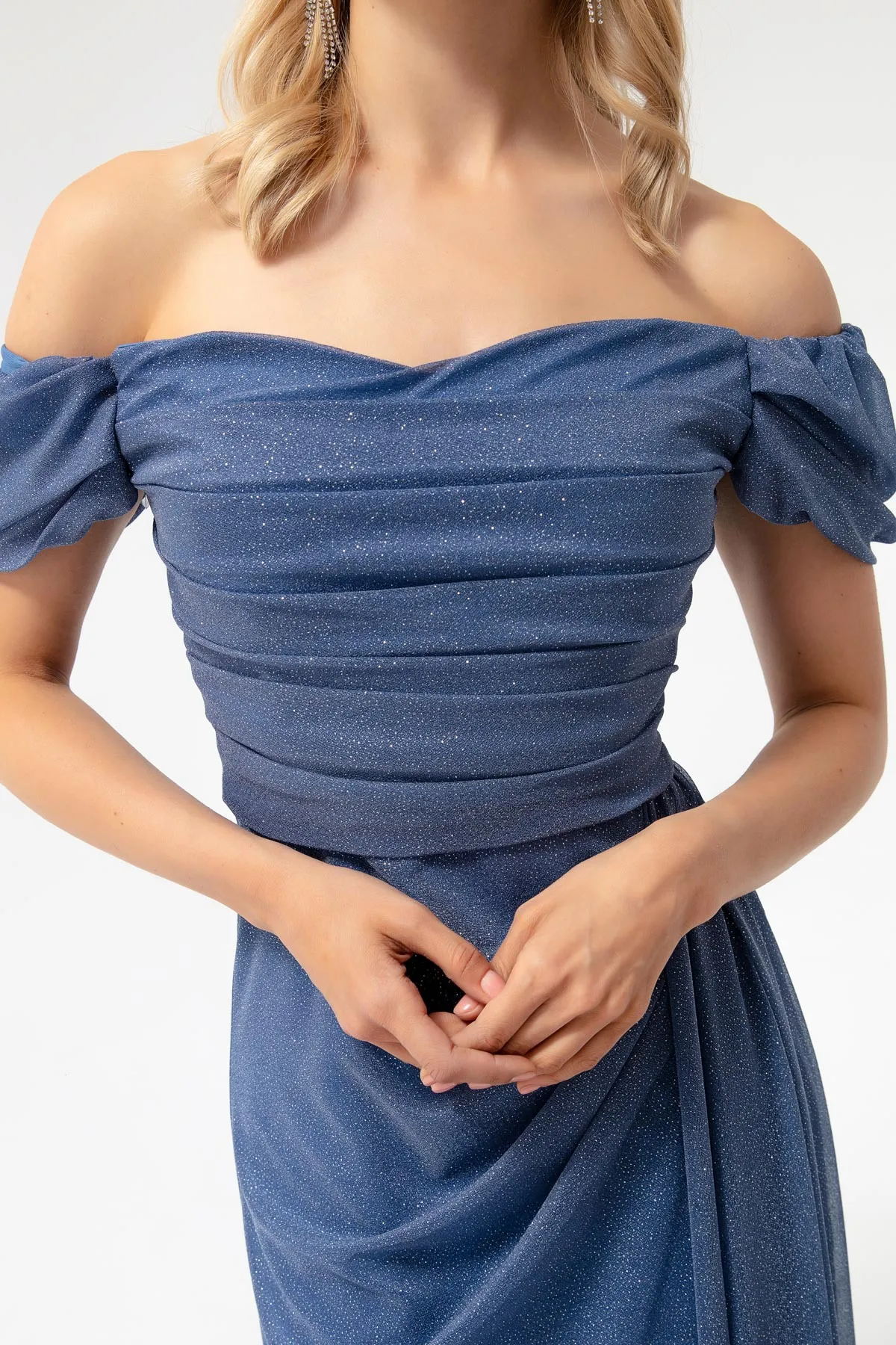 Lafaba  Damen-Abendkleid in Indigo mit U-Boot-Ausschnitt, drapiertem Schlitz, langes, silbernes Abendkleid