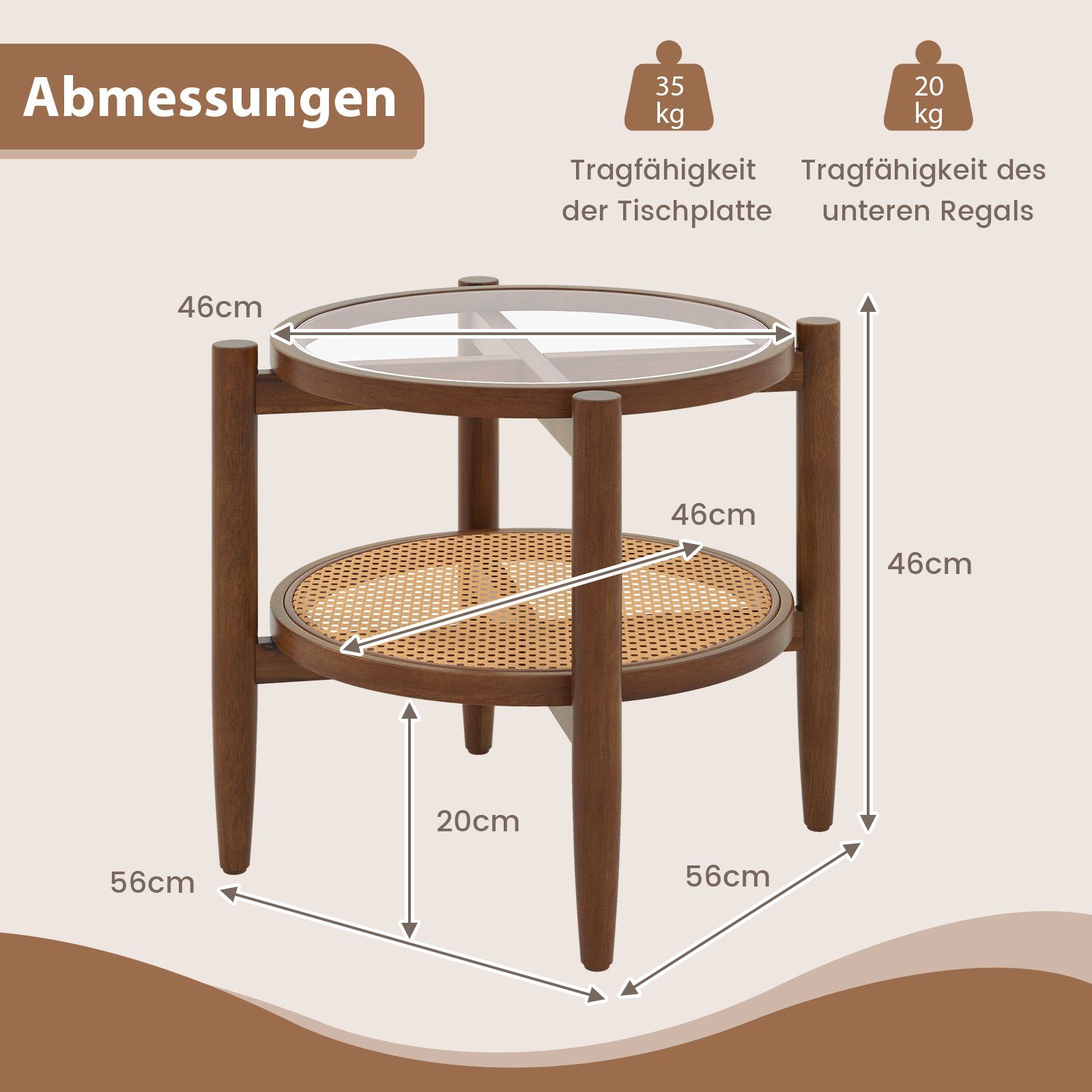 COSTWAY Beistelltisch, gehärtete Glasplatte, mit Rattan Ablage, rund 56x56cm