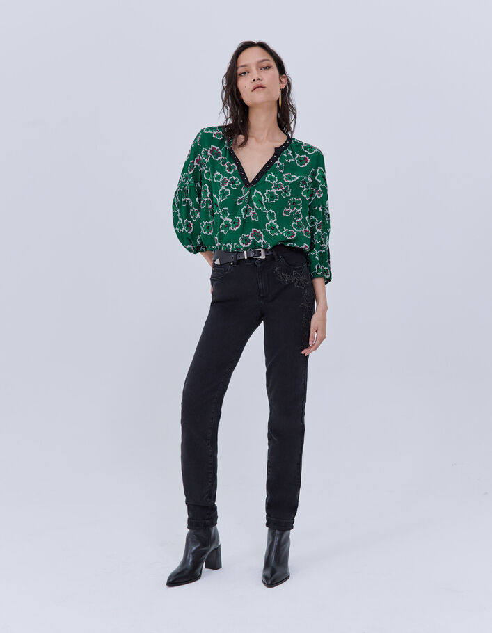 Jean slim gris effet sculpt up brodé fleurs Femme