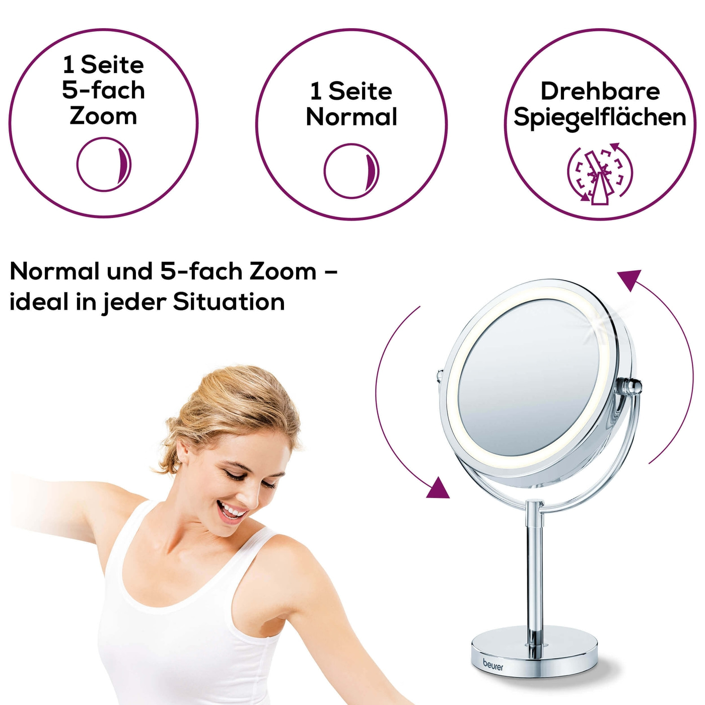 Beleuchteter Kosmetikspiegel BS 69-Netzbetriebener Schminkspiegel beleuchtet mit 5-fach Zoom