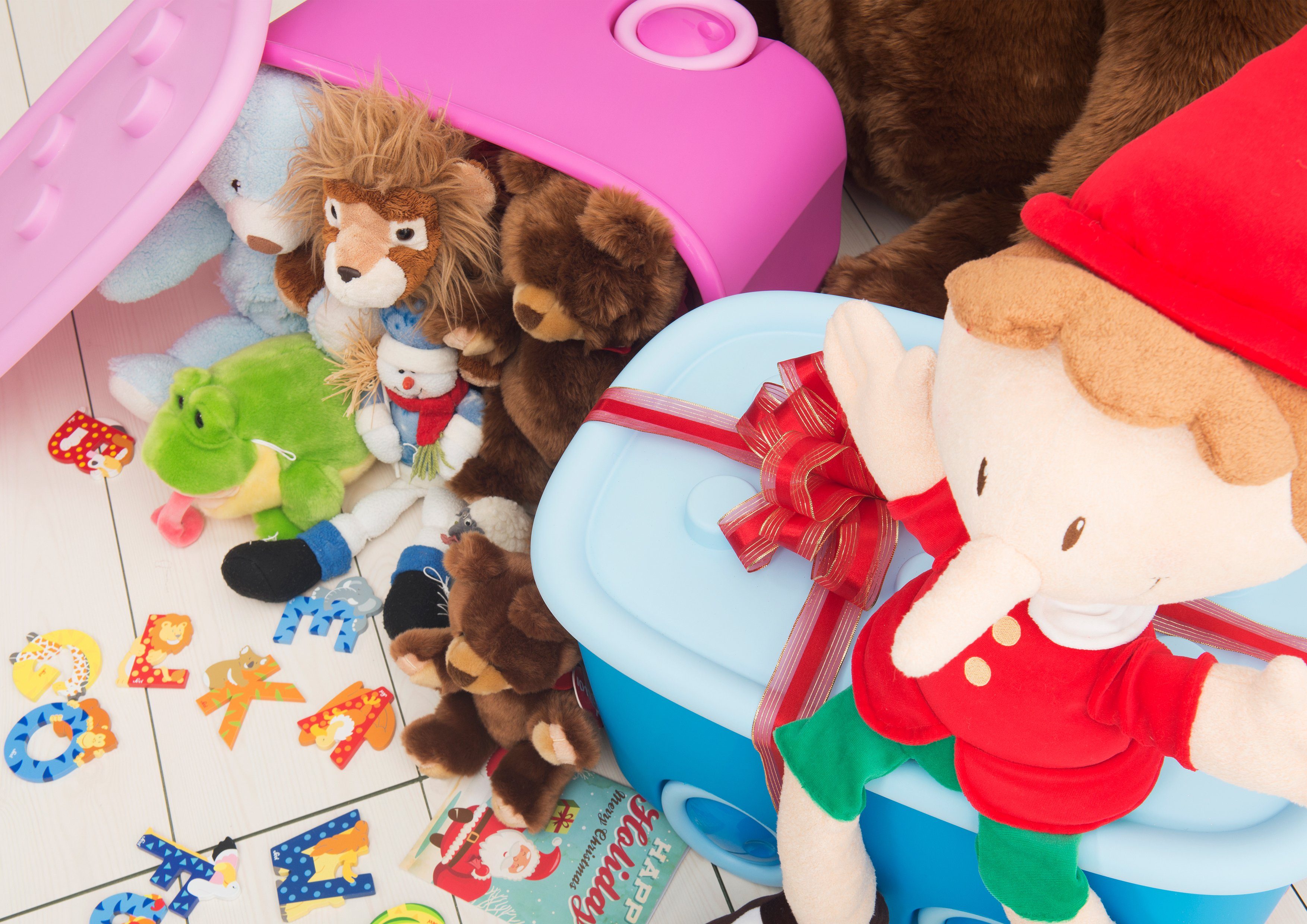 ONDIS24 Aufbewahrungsbox Spielzeugaufbewahrungsbox Spielzeugkiste Kinder Spielzeugbox Funny, mit großen Rädern und aufliegendem Deckel, 46 liter