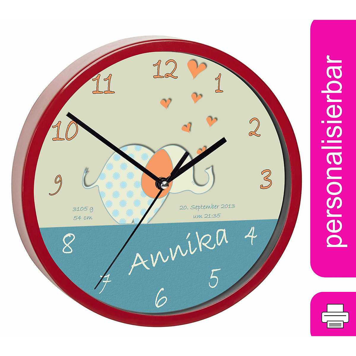 Kinder Wanduhr laufruhig personalisiert mit Name Elefant orange blau