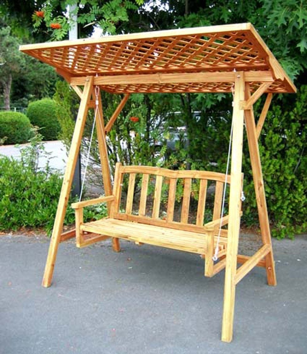 metra-direkt Hollywoodschaukel aus Holz - 180kg Belastbarkeit - 176x120x187cm - Rankgitter-Dach, Pflanzenwuchs Dach, Stabile Stahlseile, Imprägniert, 2 Sitzer