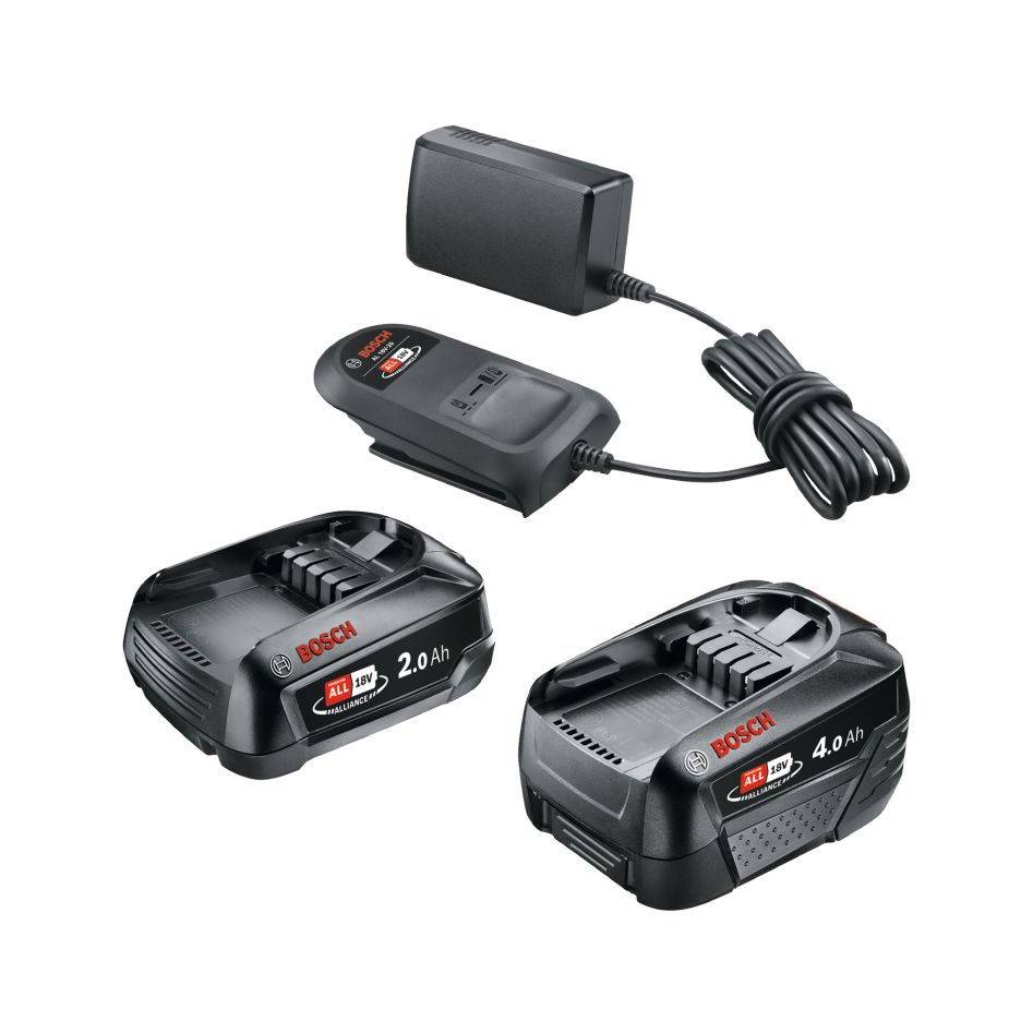 Kit de démarrage batterie Bosch Groen Accessoires 1600A027U9 18 V : 1 batterie PBA 18 V 2,0 Ah, 1 batterie PBA 18 V 4,0 Ah et chargeur AL 18 V-20