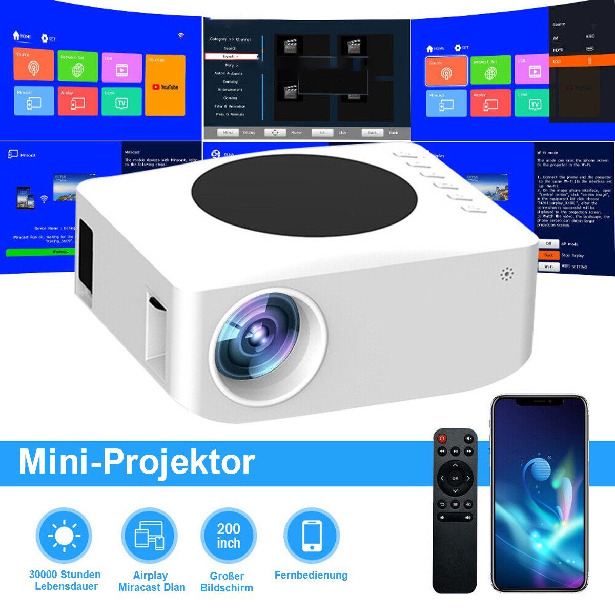 Yoyaxi 8000LM WLAN-Projektor, kabellos, Heimkino, Kino, Film, USB, HDMI, AV Portabler Projektor (Kabelloser 200-Zoll-Großbildschirm, 8000 LM hohe Helligkeit)
