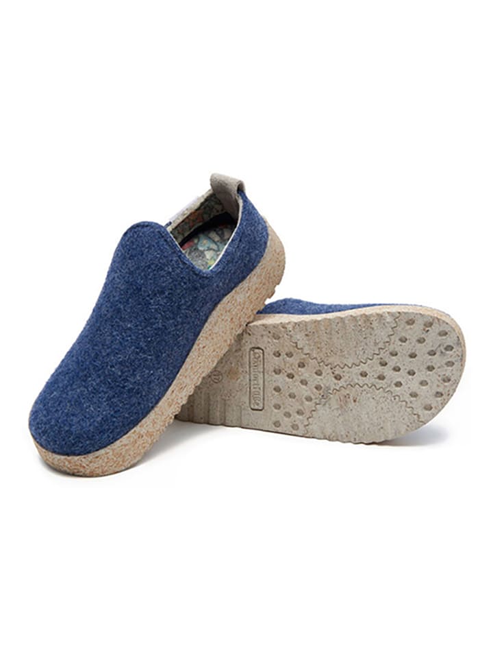 Comfortfusse Woll-Hausschuhe in Blau/ Beige günstig kaufen
