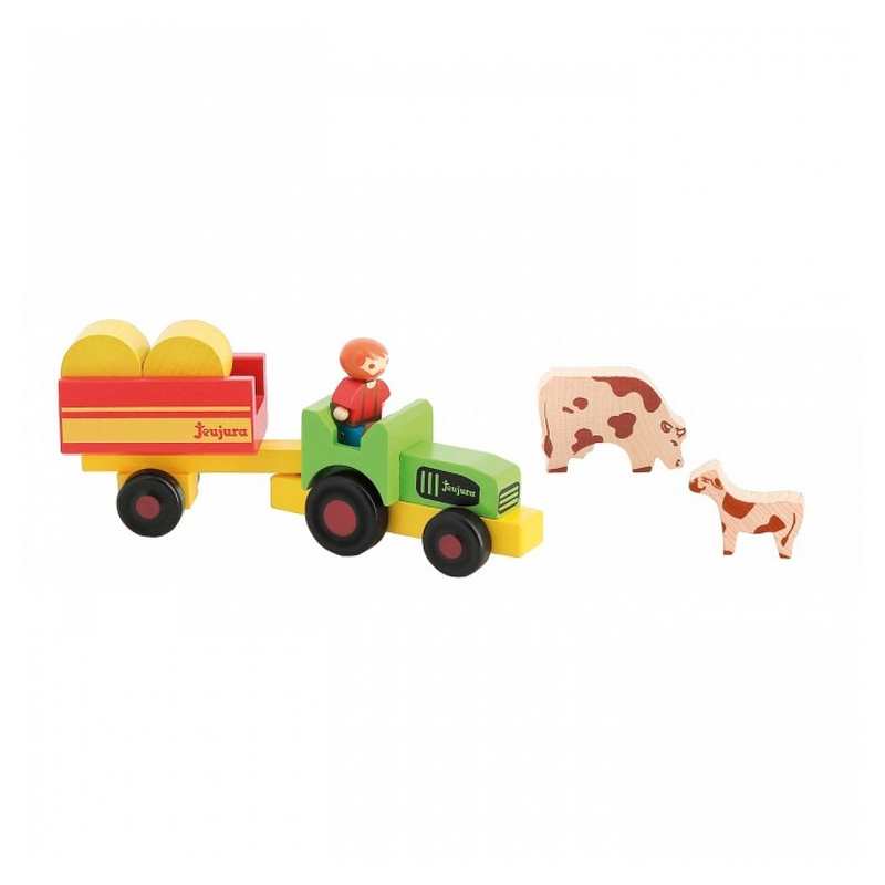 Fermier avec tracteur et remorque en bois