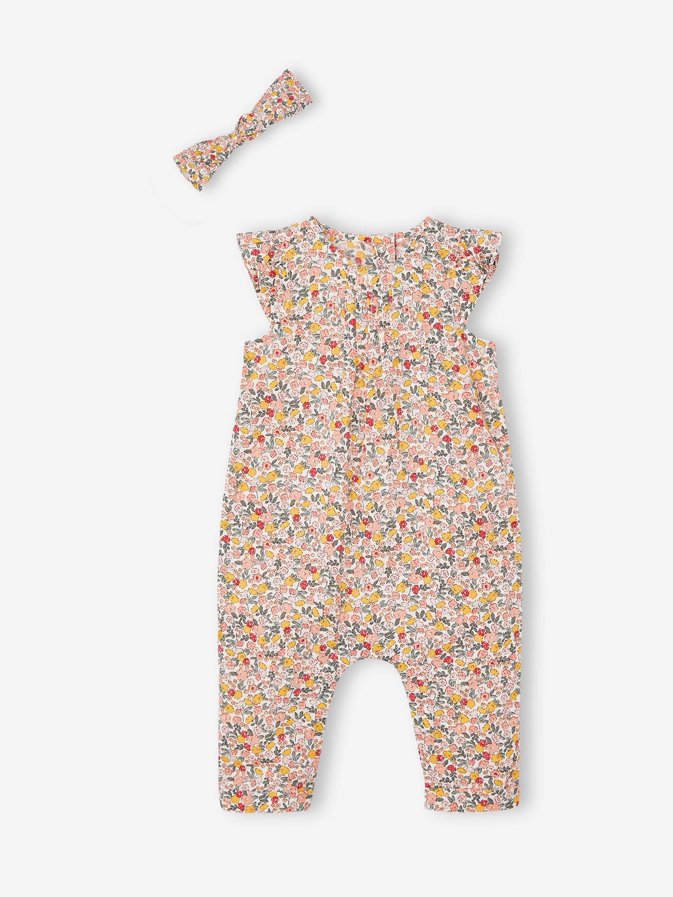 Vertbaudet Mädchen Baby-Set: Overall & Haarband - rosa bedruckt