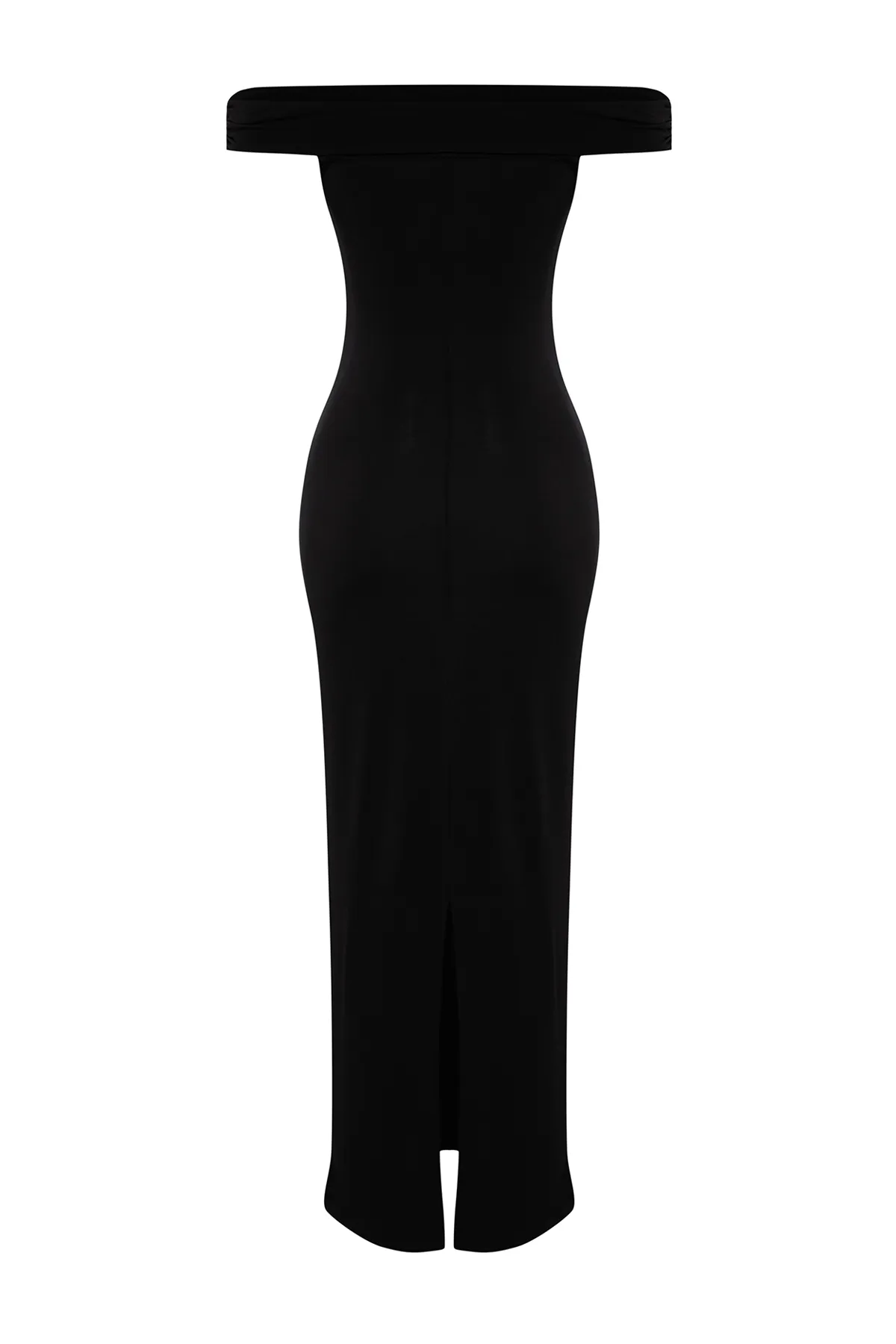 Trendyol Collection  Schwarzes Maxi-Bleistiftkleid aus flexiblem Strick mit Carmen-Kragen und figurbetontem Schnitt TWOSS24EL00254