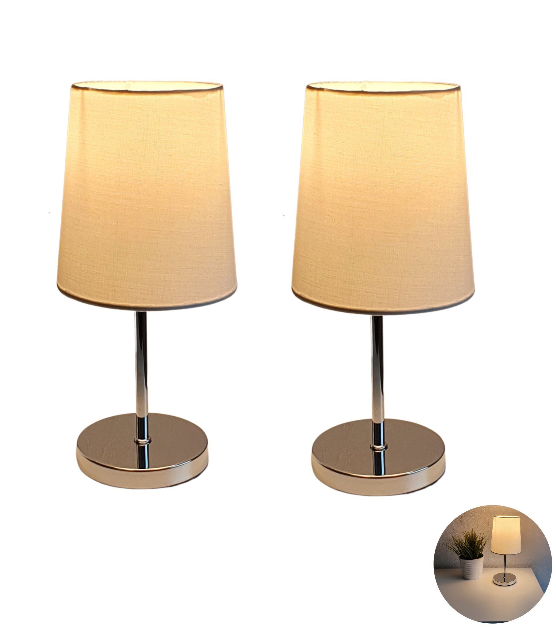 Lichthandel Hoch LED Tischleuchte Set LED Nachttischlampe Tischleuchte modern Stoffschirm incl. 3W LED, LED wechselbar, warmweiß, inklusive LED, nicht dimmbar, Doppelset